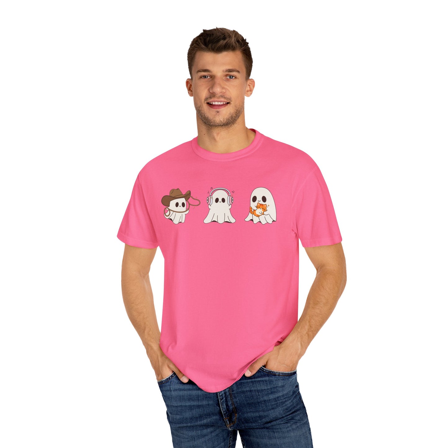 Halloween Ghost Trio T-Shirt – Purple Unisex Tee for Spooky Season & Costume Parties