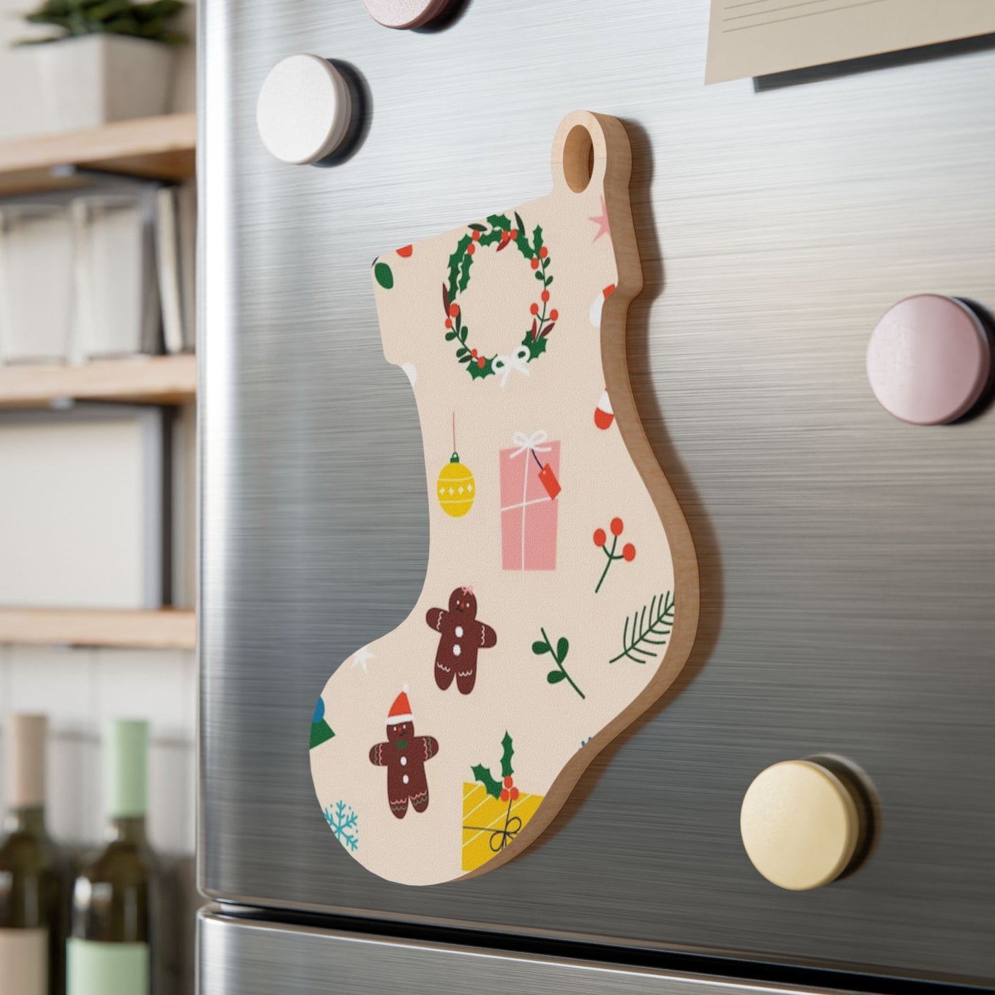 Wooden Bell Ornament – Green Christmas Design with Wreaths, Gingerbread & Santa Hat – Rustic Holiday Décor with Magnetic Back