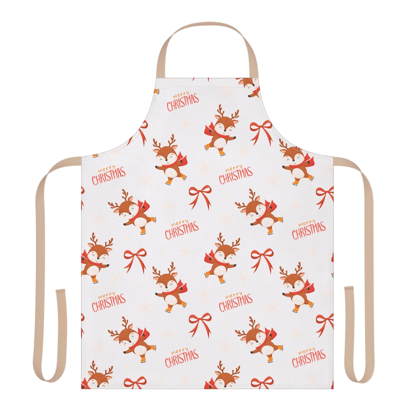 Festive Christmas Apron with Cartoon Reindeer, Red Bows, and Merry Christmas Text