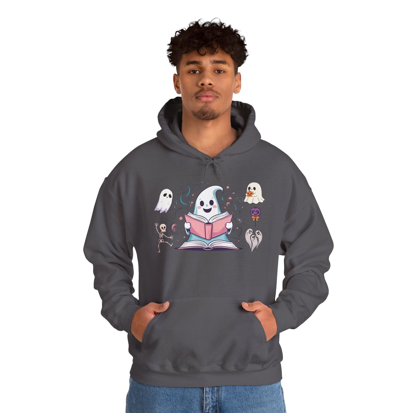 Cute Ghost Reading Hoodie – Whimsical Halloween Sweatshirt for Book Lovers