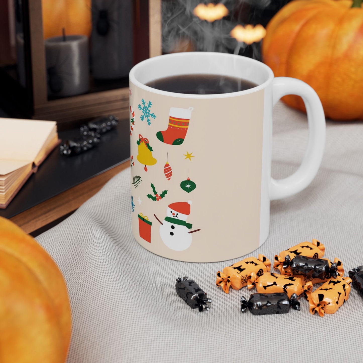 Ceramic Mug – Christmas Icons with Santa, Gingerbread Men & Wreaths – 11oz Festive Gift for Coffee & Cocoa Lover