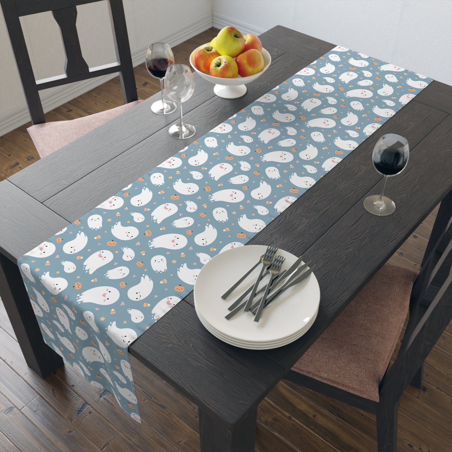 Smiling Ghost Pattern Table Runner – Whimsical Blue Halloween Decor