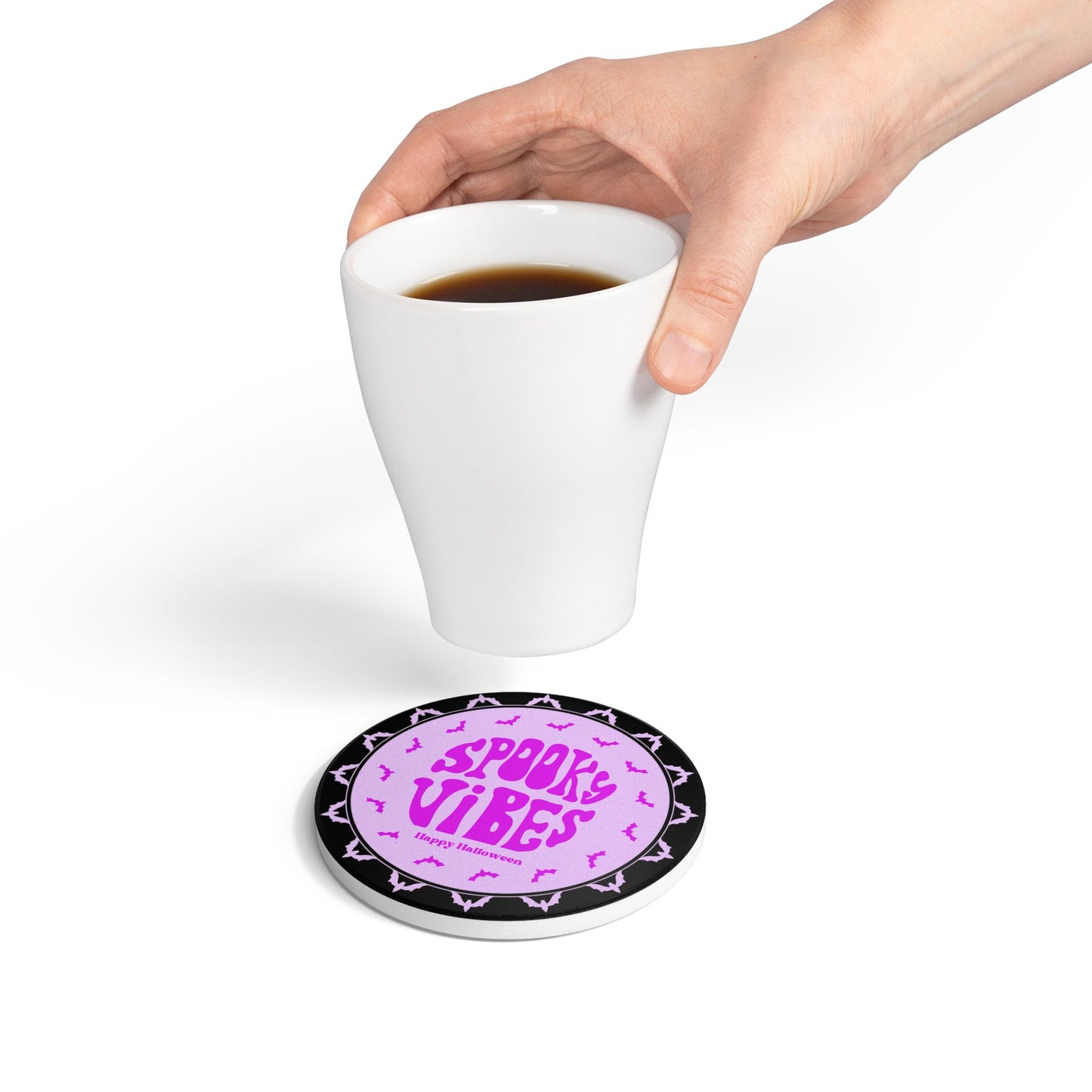 Spooky Vibes Halloween Ceramic Coaster – Festive Purple Drink Accessory
