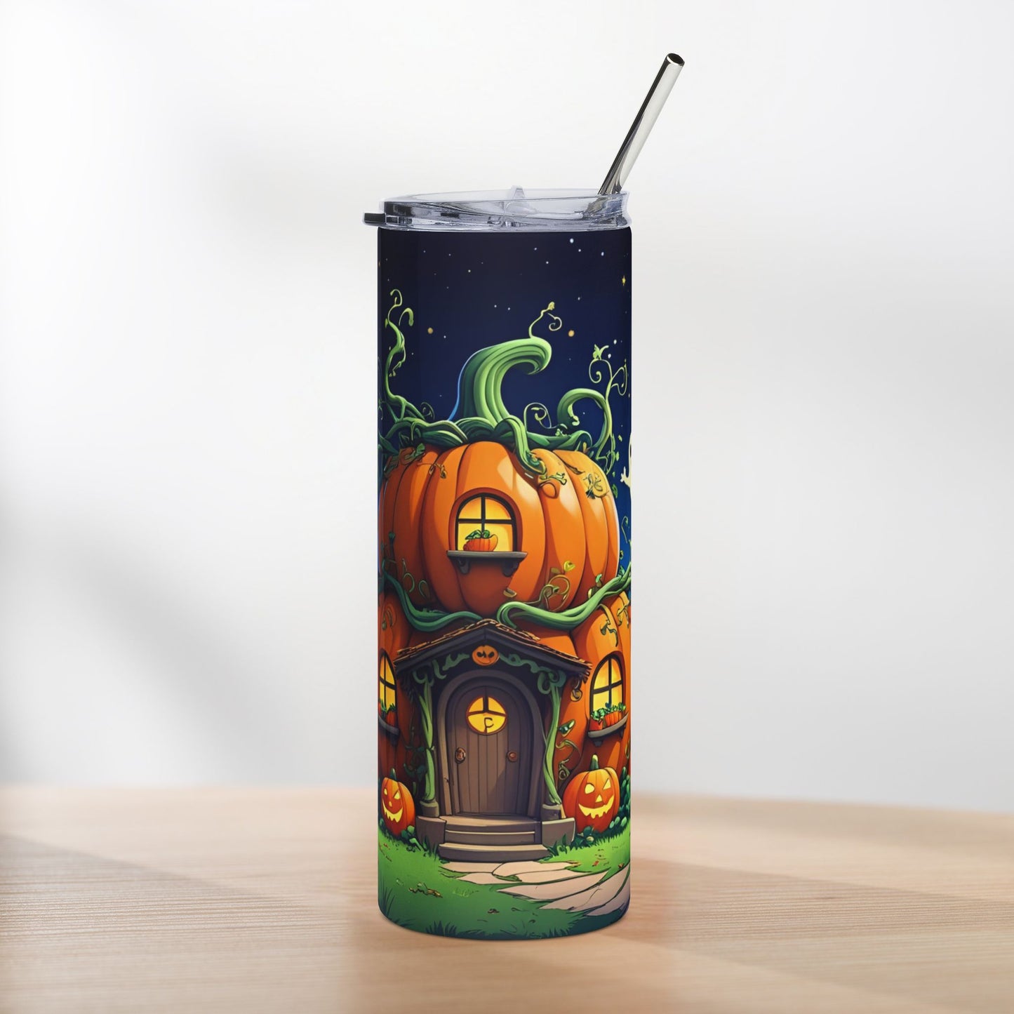 Pumpkin House Halloween Tumbler – Whimsical Night Garden Design