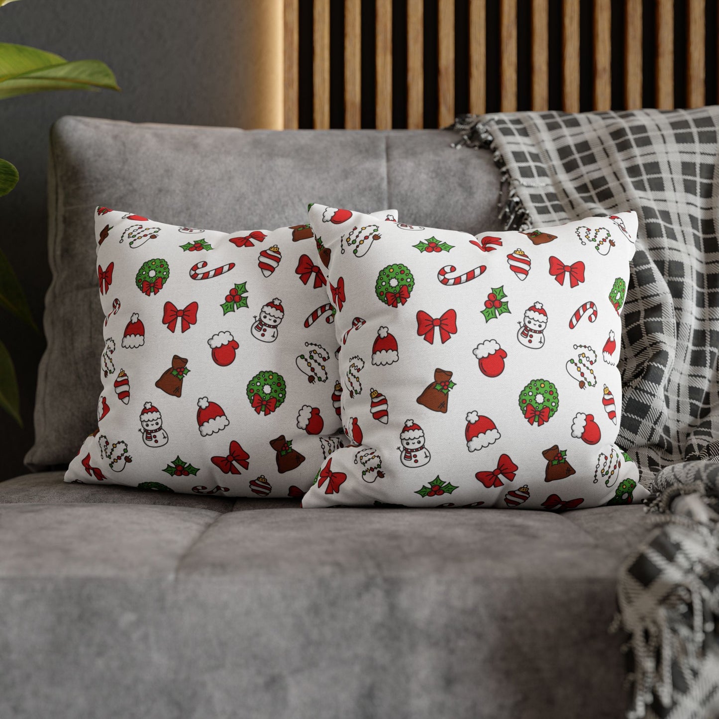 Christmas Pillowcase with Cute Holiday Icons ‰ÛÒ Snowman, Candy Cane, Wreath & Bow Print Throw Pillow Cover for Festive Decor