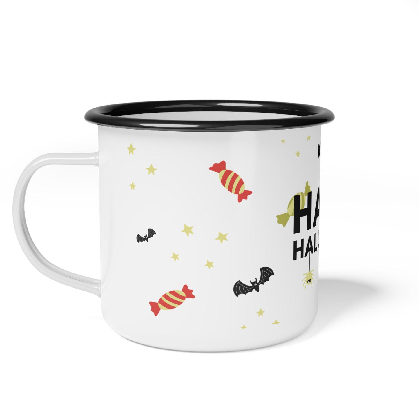 Happy Halloween Enamel Camp Cup – Playful Witch, Ghosts, and Candy Design
