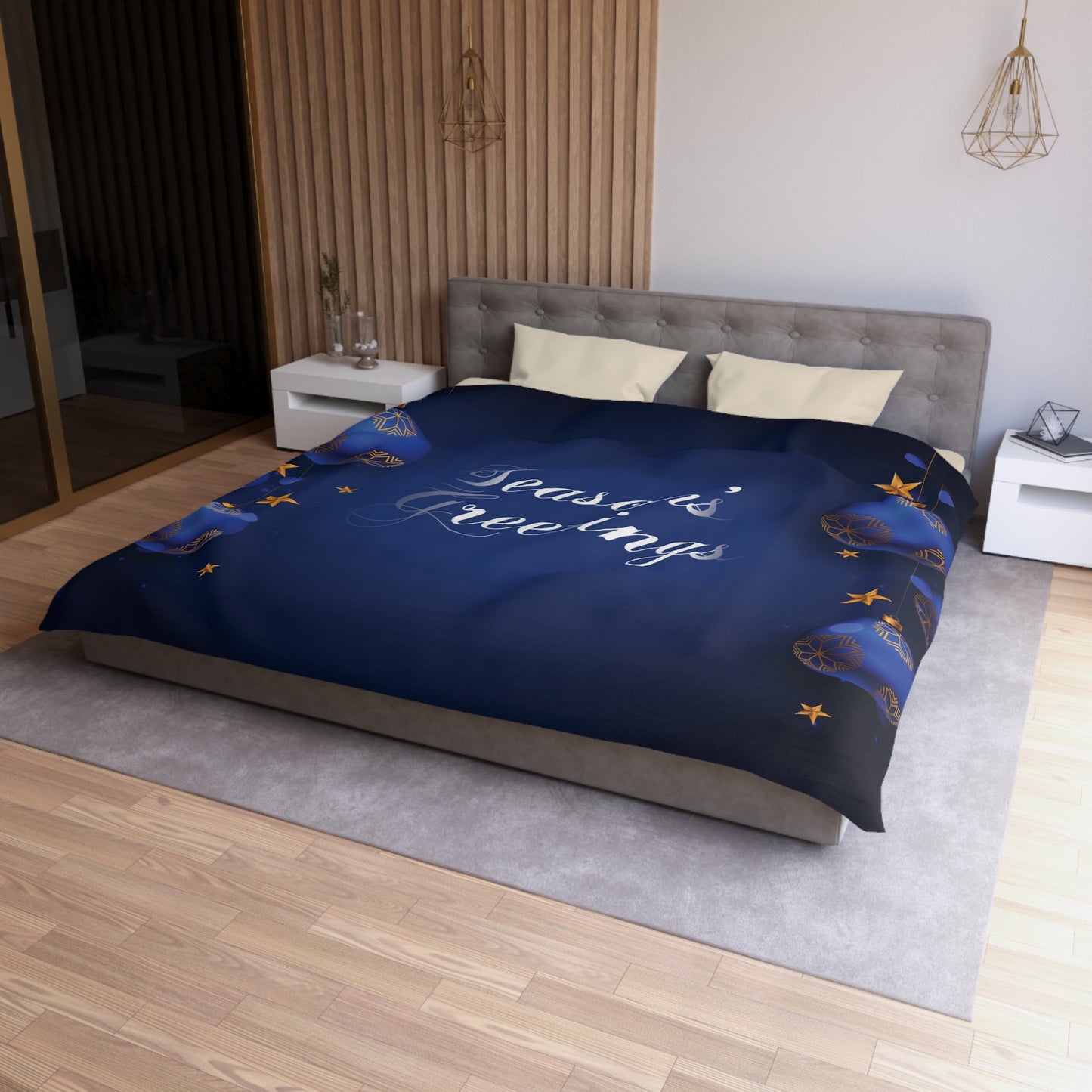 Seasons Greetings Microfiber Duvet Cover for Chirtsmas Gift, Dark Blue