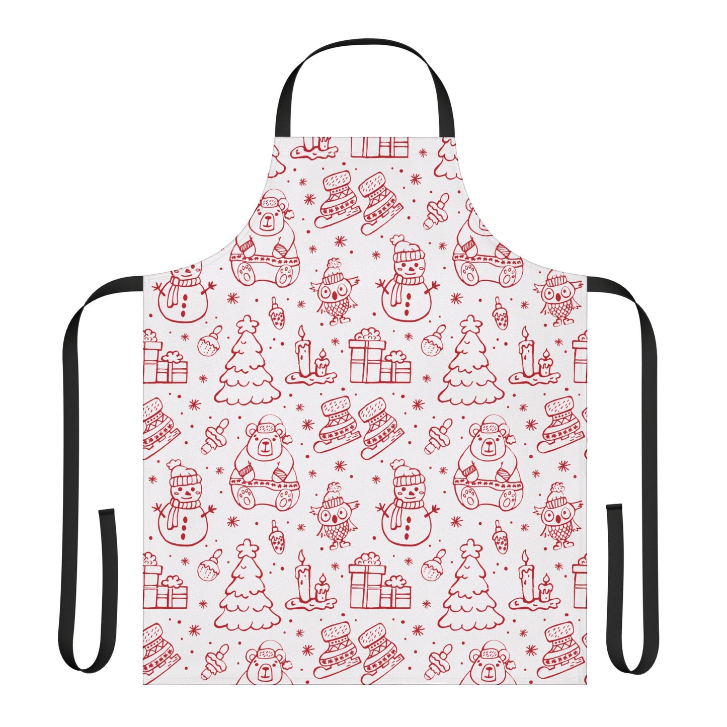 Festive Christmas Apron with Red Holiday Illustrations and Adjustable Straps