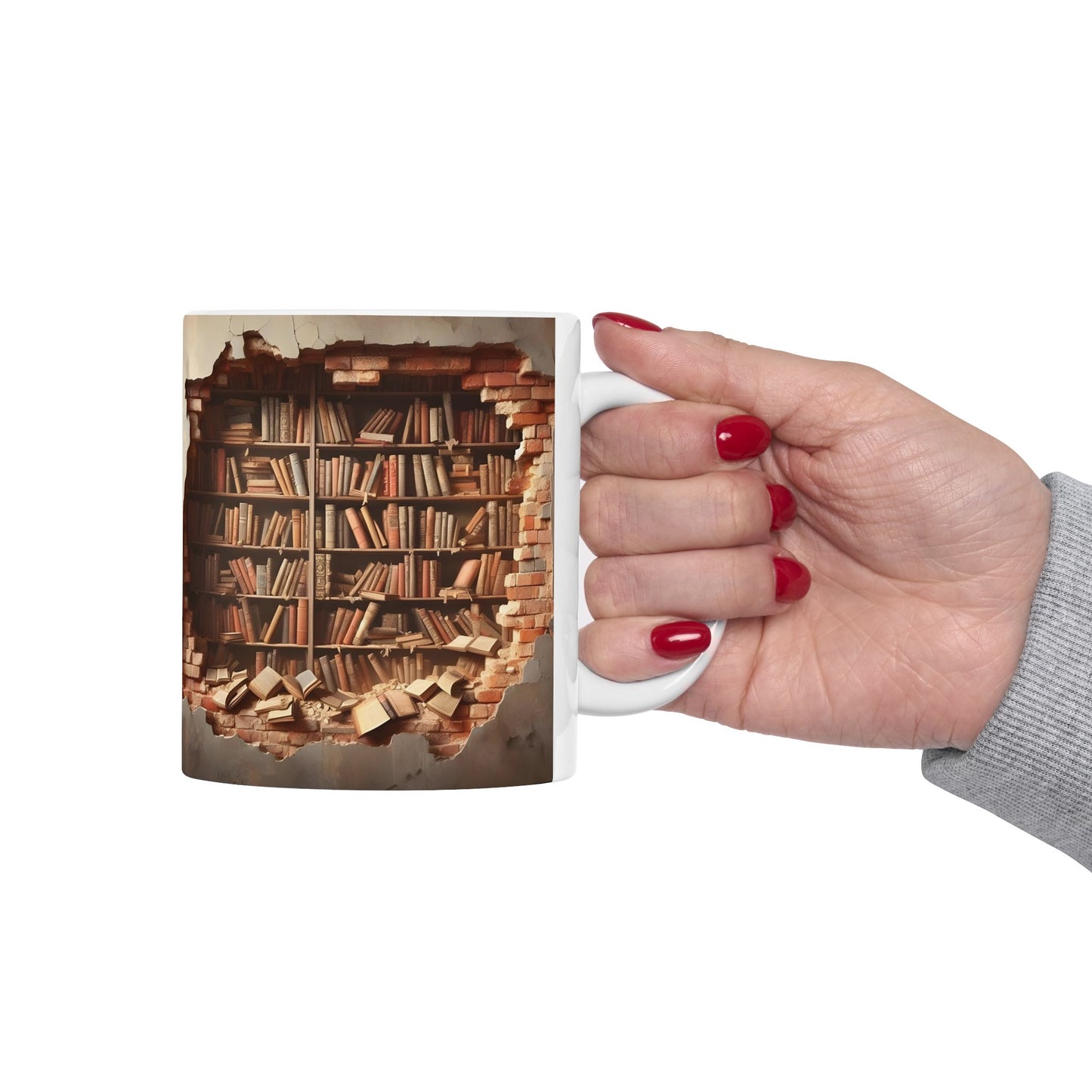 3D Bookshelf Illusion Mug – Unique Library Wall Break Design