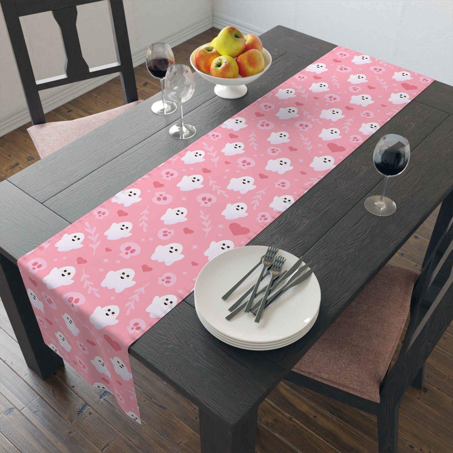 Pink Ghost & Skull Table Runner – Whimsical Romantic Halloween Decor