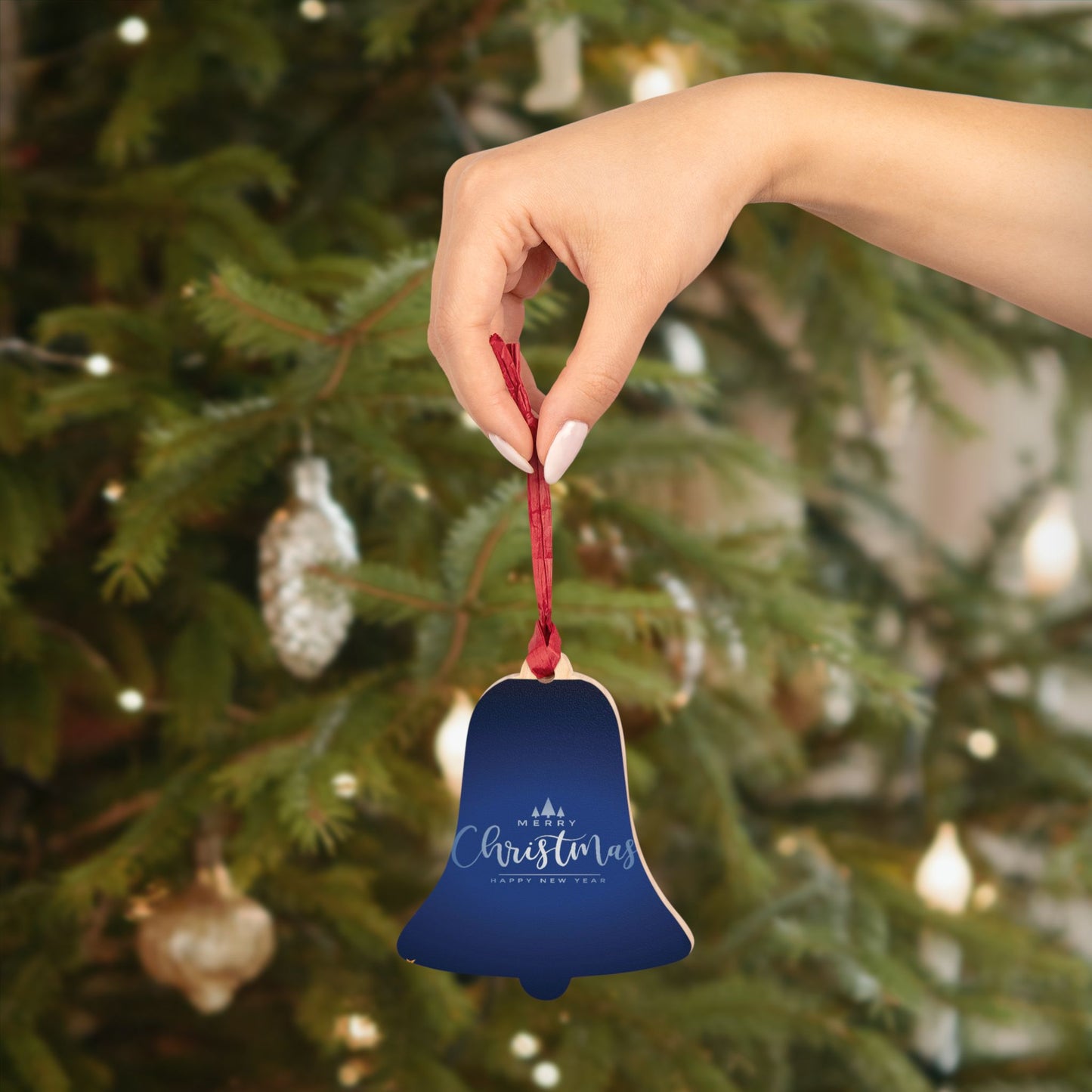 Wooden Bell Ornament – “Merry Christmas Happy New Year” Design with Red Ribbon – Rustic Holiday Décor & Gift