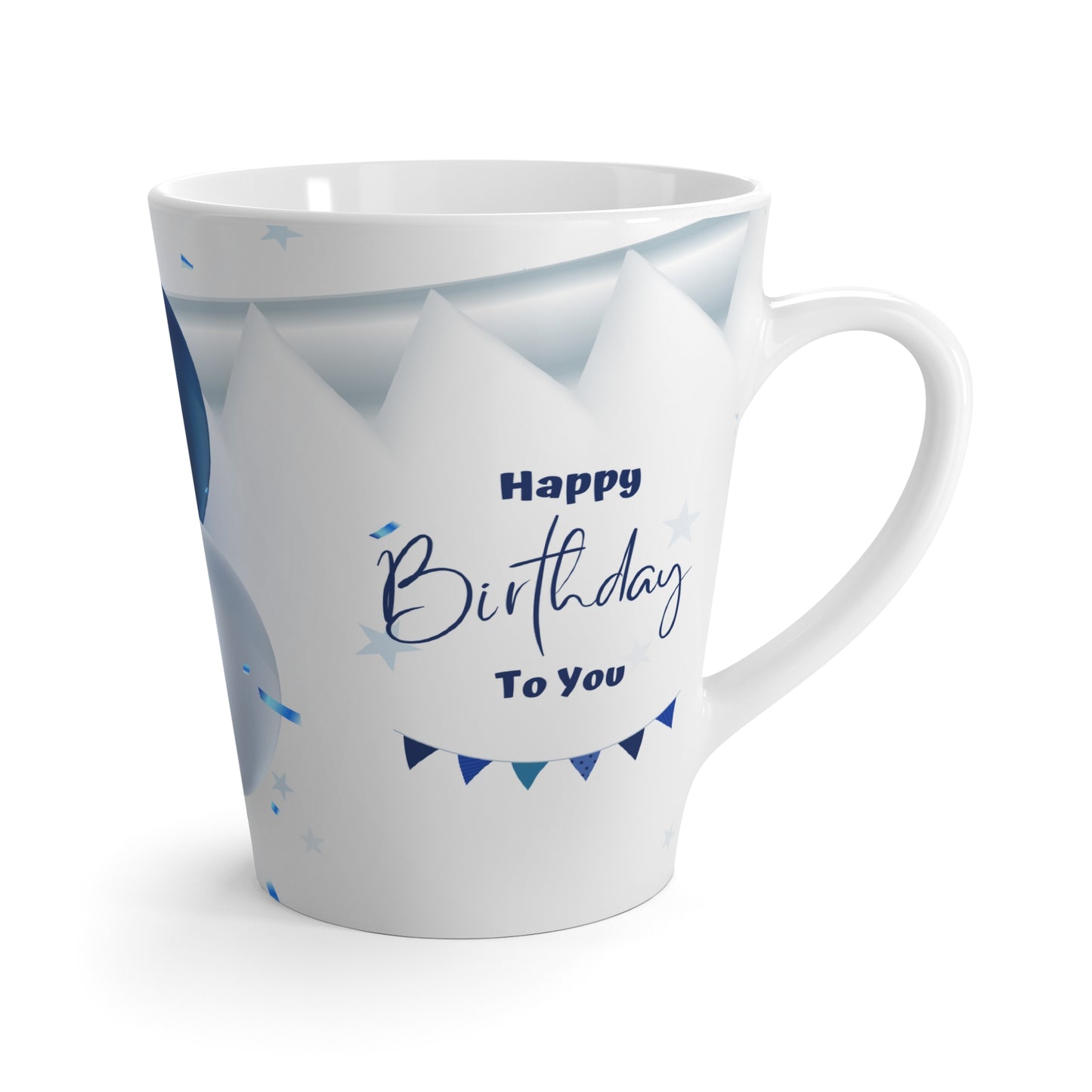 Happy Birthday Latte Mug – Blue Balloon & Banner Design, Ceramic Coffee Cup Gift