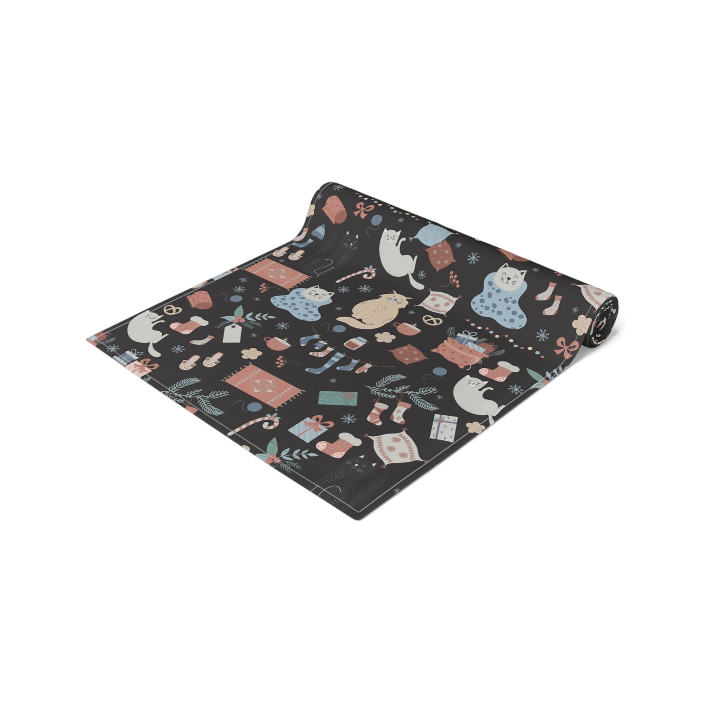Holiday Table Runner – Festive Animals, Gifts & Foliage on Dark Background