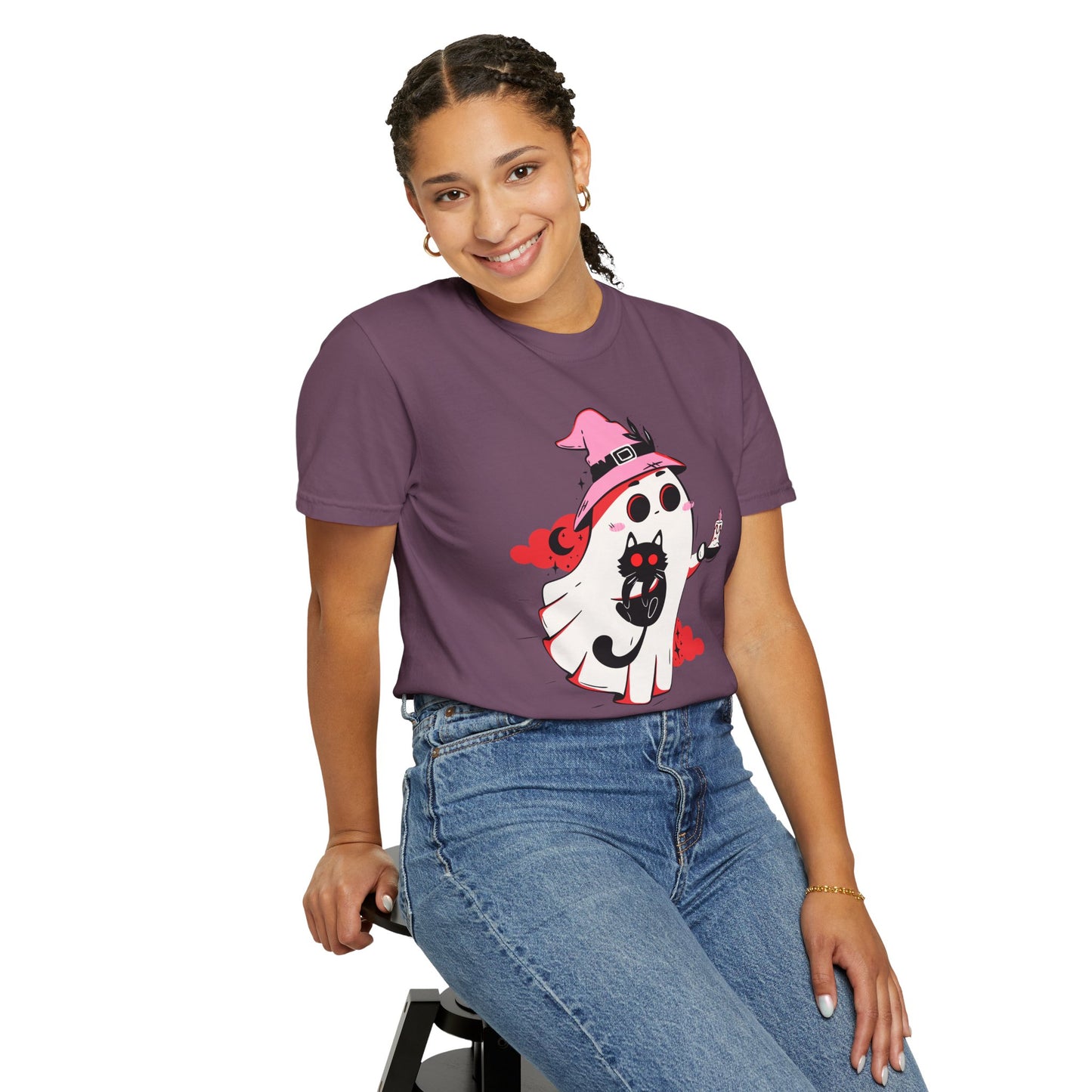 Ghostly Glam T-Shirt - Witchy Whimsy with Cat Companion