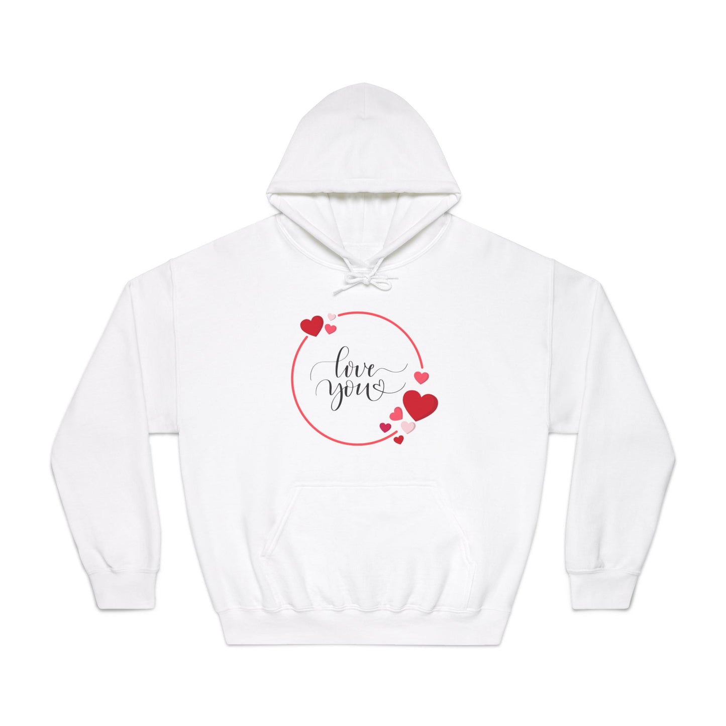 Love You with Hearts Printed Unisex DryBlend® Hooded Sweatshirt, White & Red