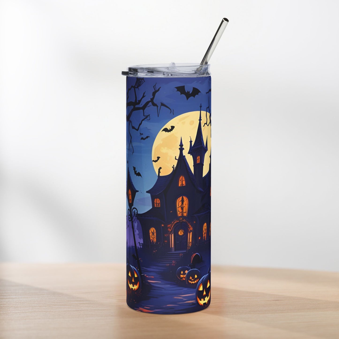 Haunted House Halloween Tumbler – Moonlit Path & Pumpkin Glow