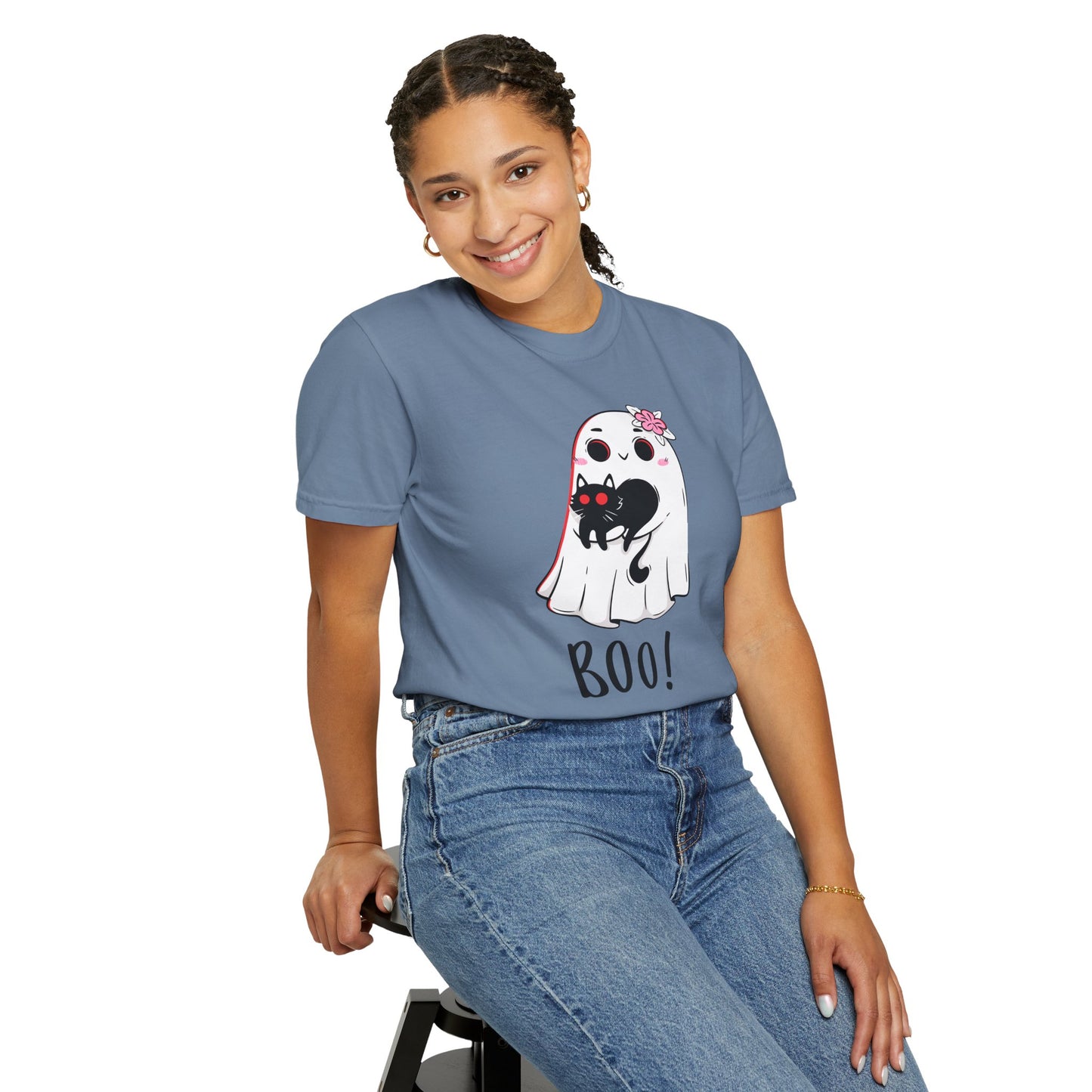 BOO Buddies Tee – Ghost & Cat Duo with Floral Charm