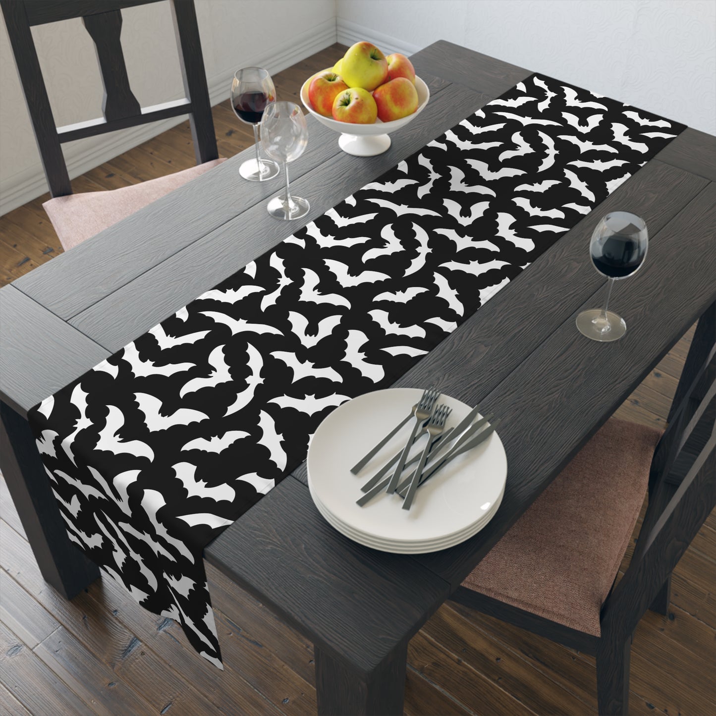Halloween Table runer – Black & White Bat Pattern – Spooky Halloween Dining Decor & Host Gift