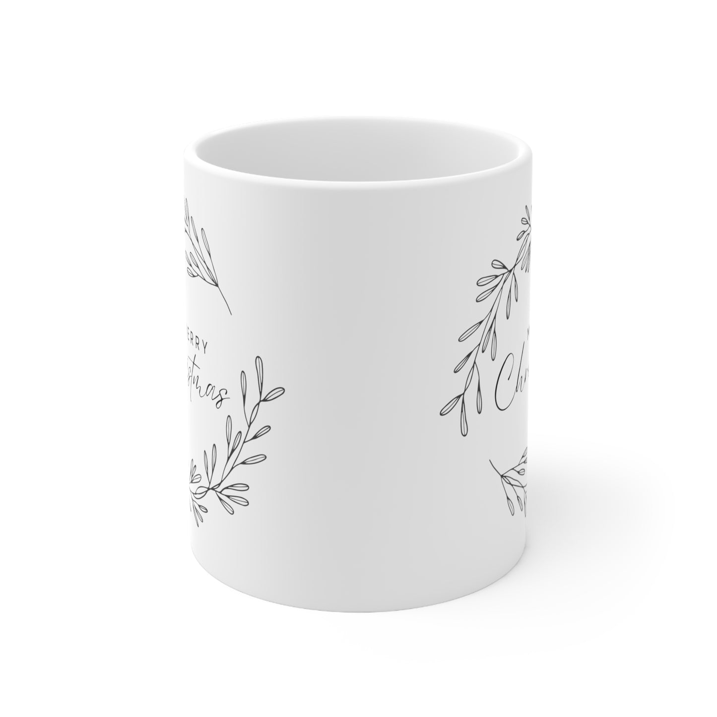 Merry Christmas with Leaves Ceramic Mug, 11oz, White