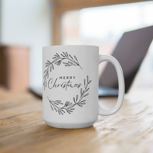 15oz Custom White Ceramic Mug with “Merry Christmas” Wreath Design – Holiday Gift for Coffee Lovers