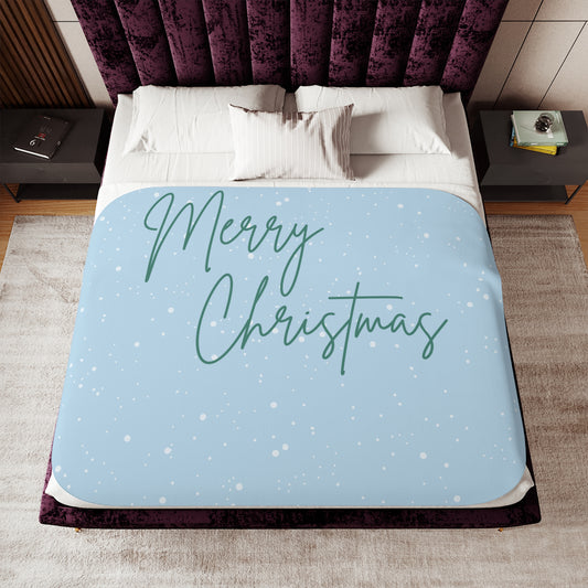 Merry Christmas Printed Sherpa Blanket, Sky Blue