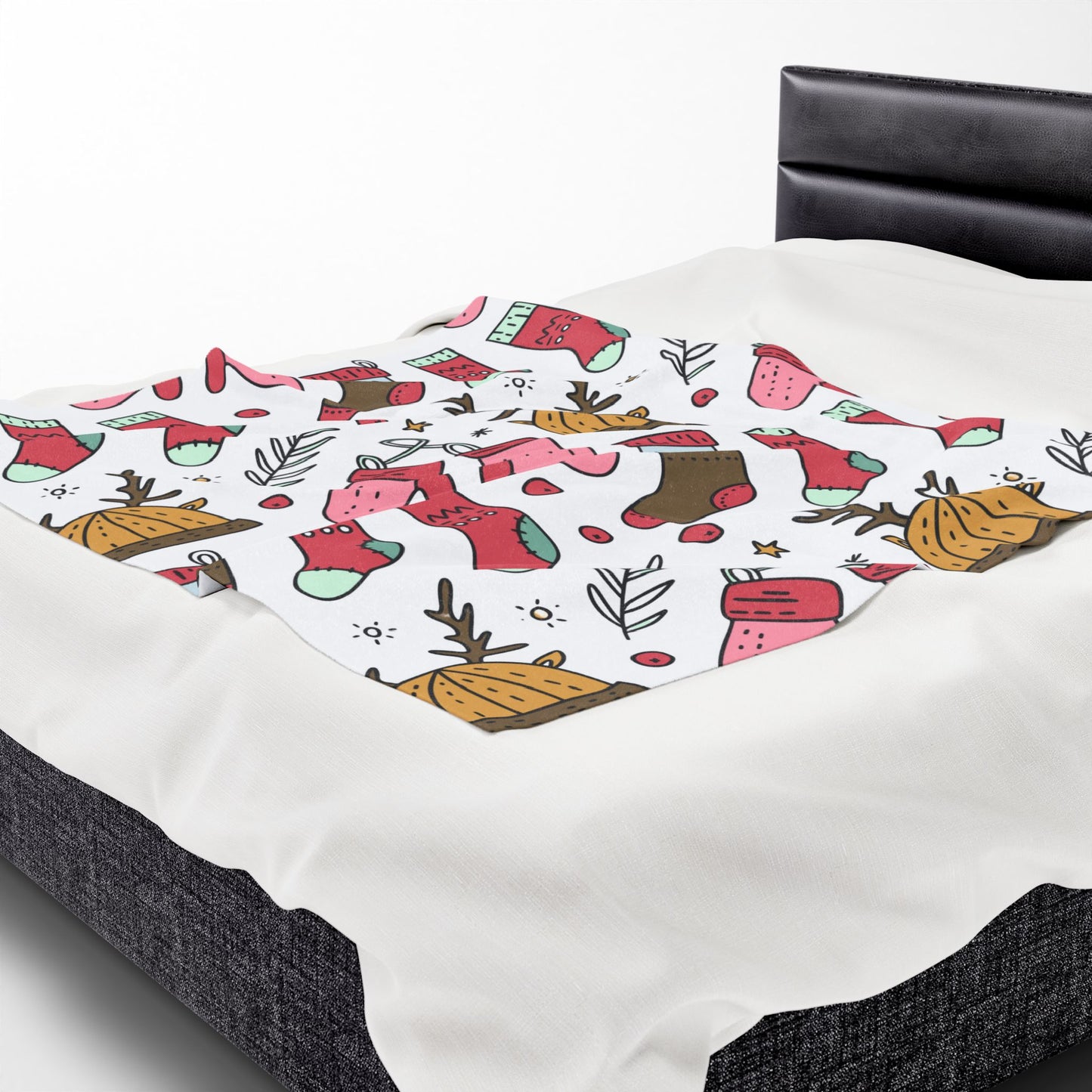 Holiday Print Velveteen Plush Blanket – Reindeer, Mittens & Stockings Design