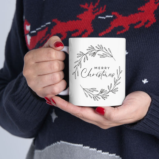 11oz Ceramic Coffee Mug with Black Wreath “MERRY Christmas” Design – Elegant Holiday Gift for Tea & Cocoa Lovers