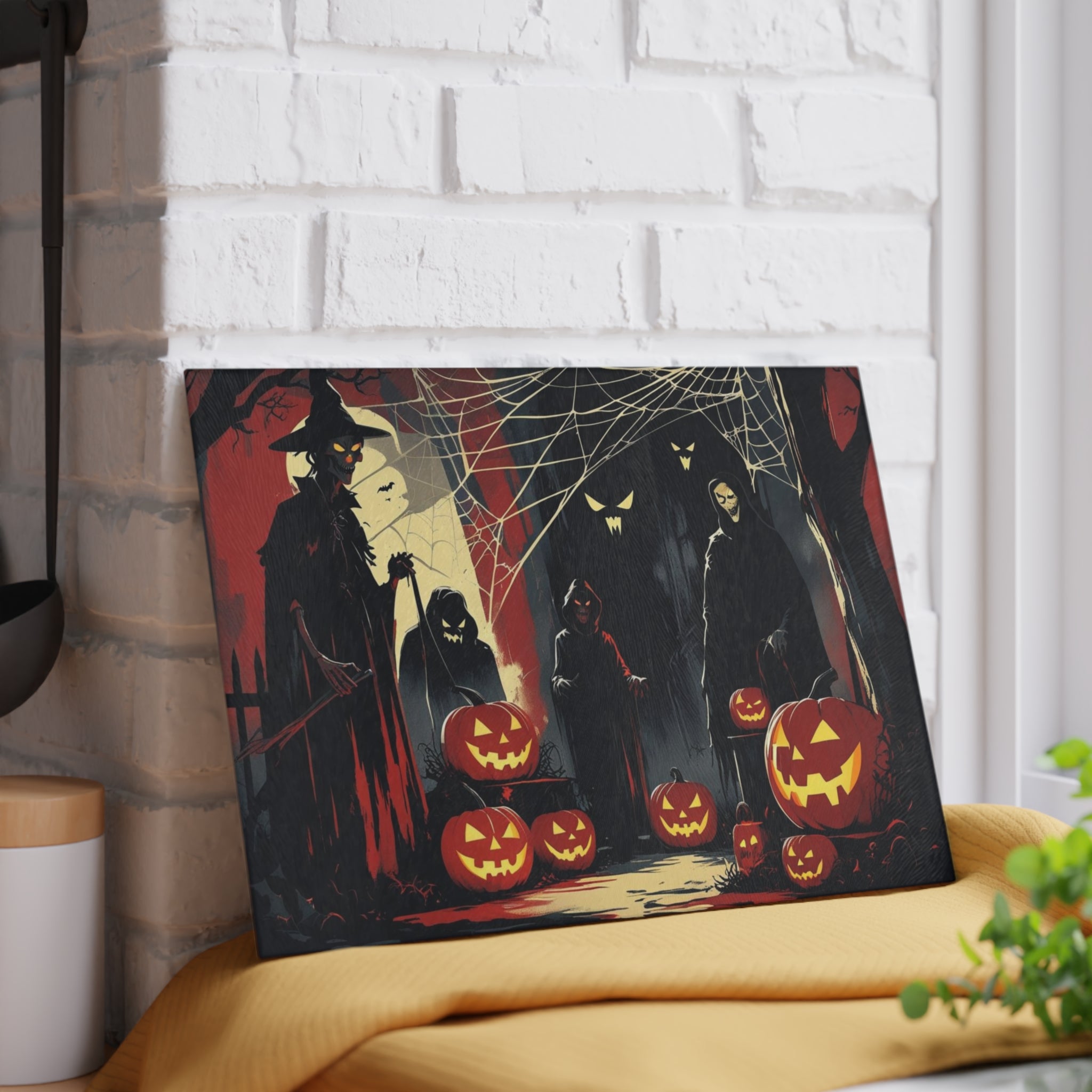 Spooky Halloween Cutting Board with Cloaked Figures, Witch, and Pumpkins