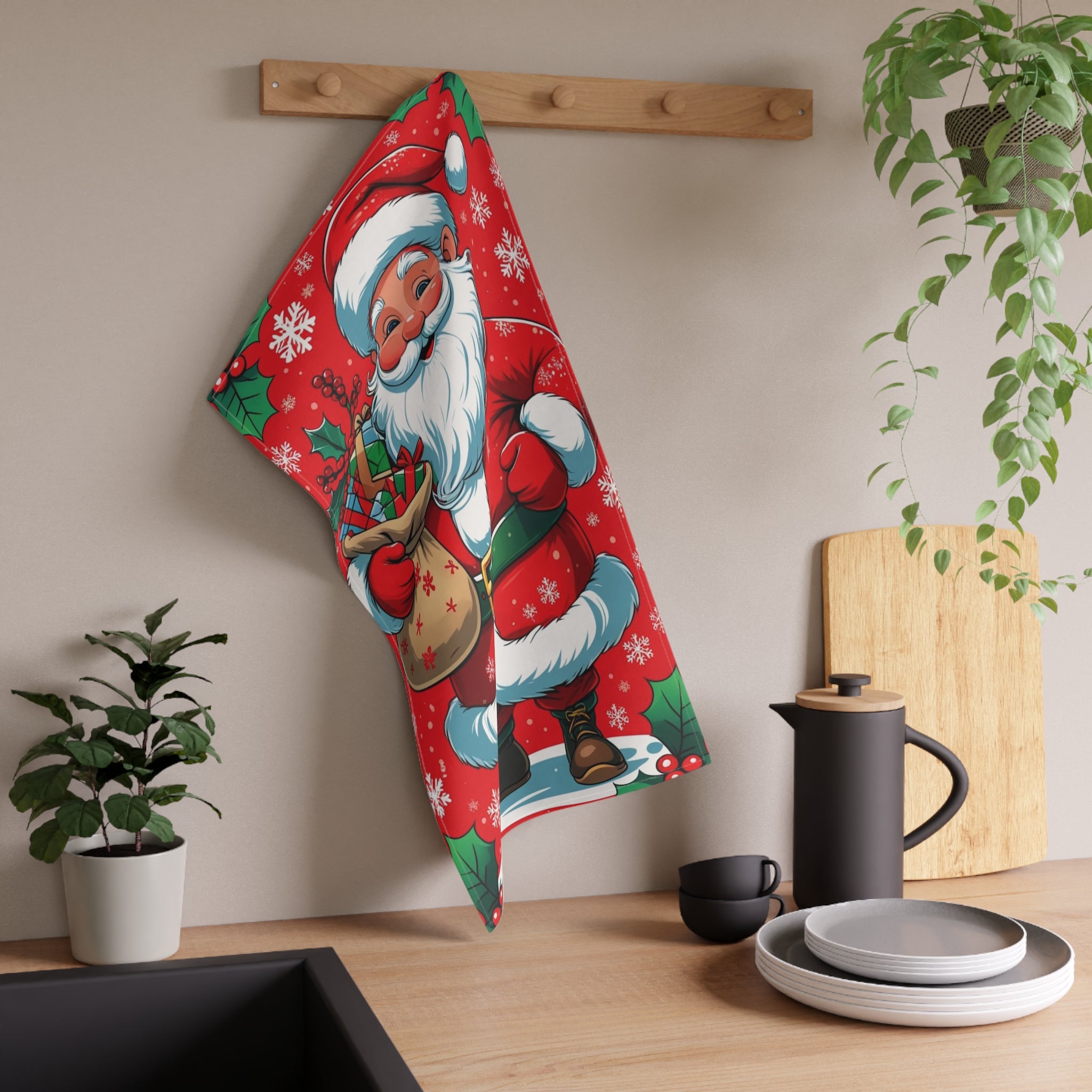 Cheerful Christmas Tea Towel with Santa and Gifts Design