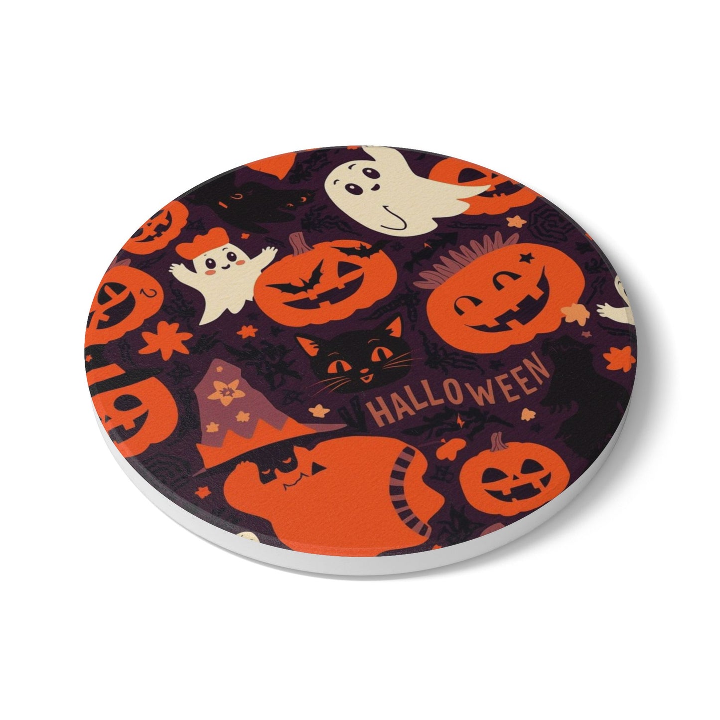 Halloween Ceramic Coaster with Pumpkins, Ghosts, Black Cat, and Witch Hat Design