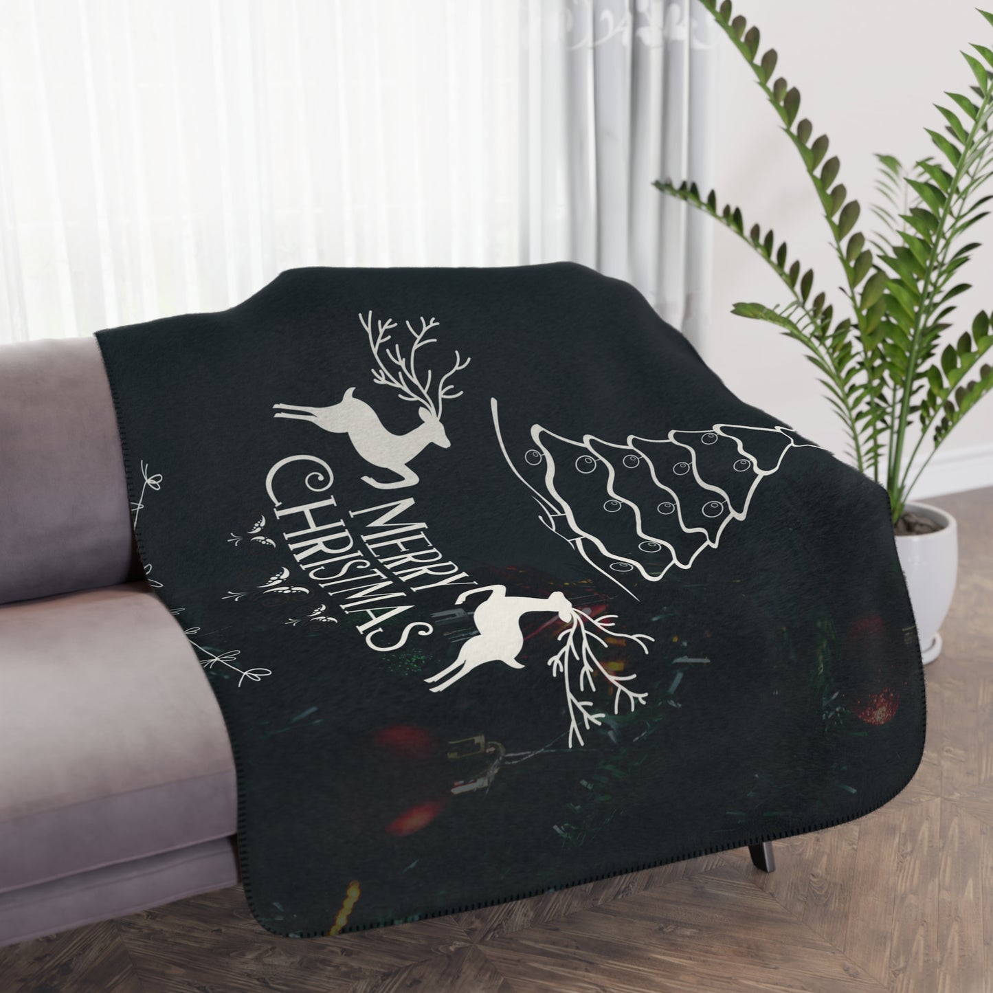 Merry Christmas in Black Printed Tan Sherpa Blanket