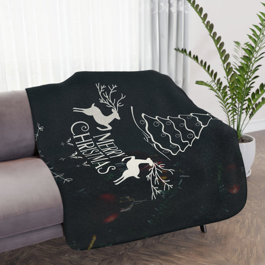 Merry Christmas in Black Printed Tan Sherpa Blanket