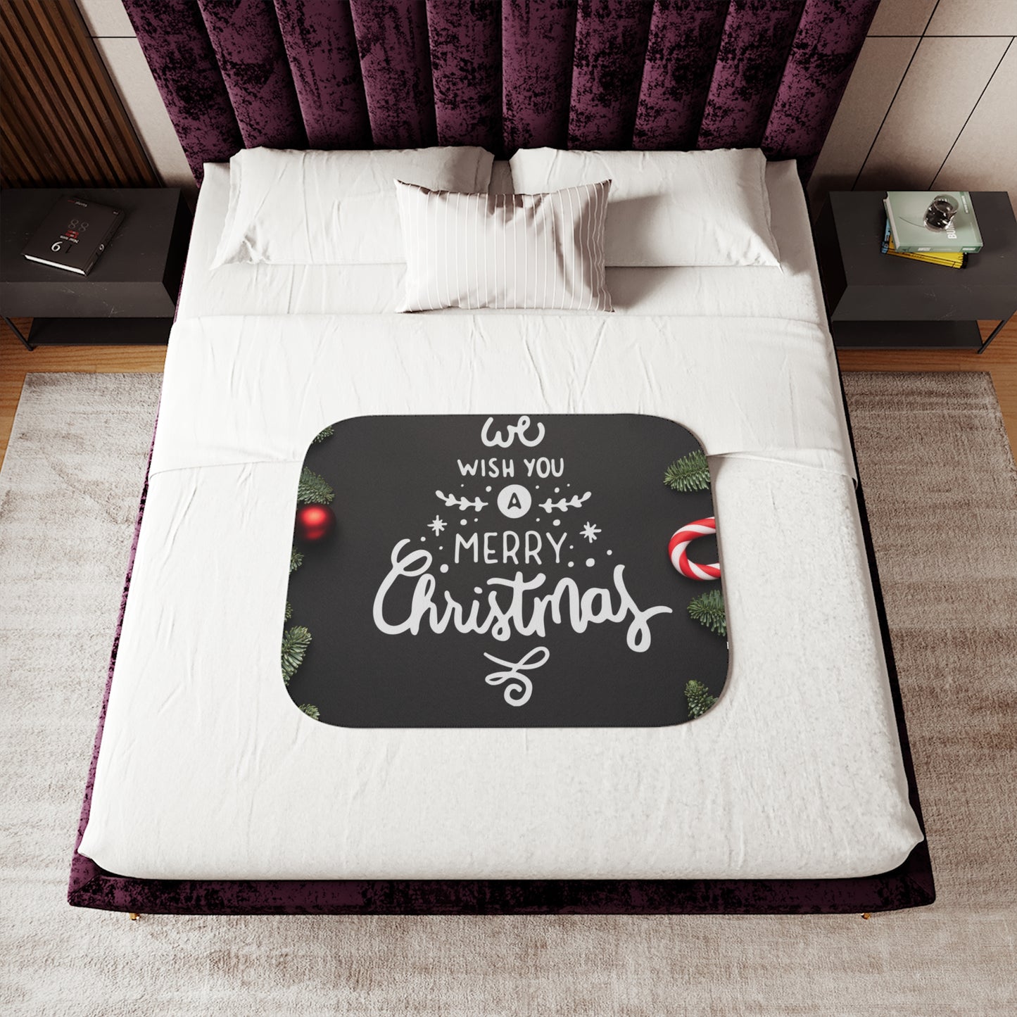 Wish You Merry Christmas in Black Printed Sherpa Blanket