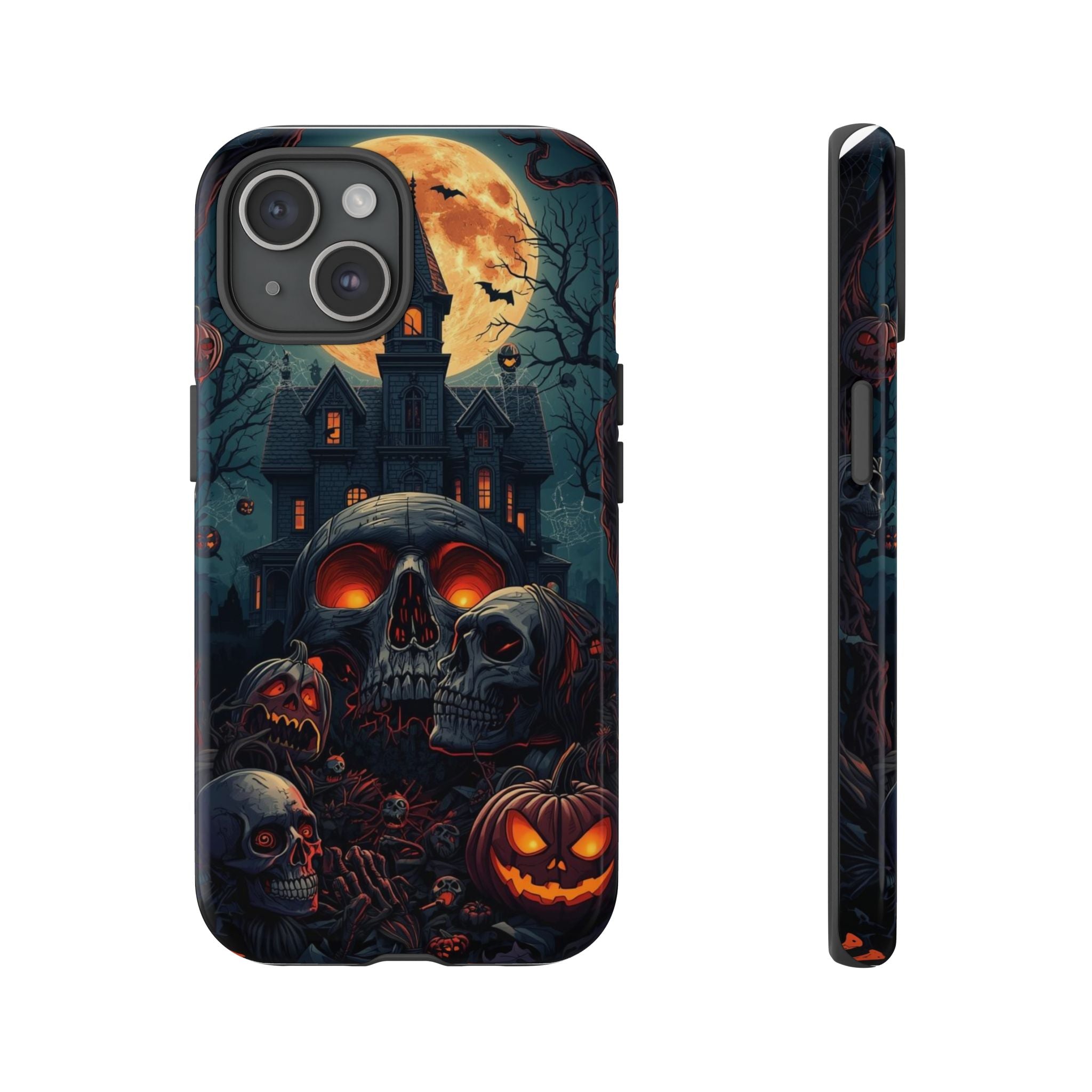 Spooky Halloween Phone Case with Skulls, Pumpkins, and Haunted Mansion