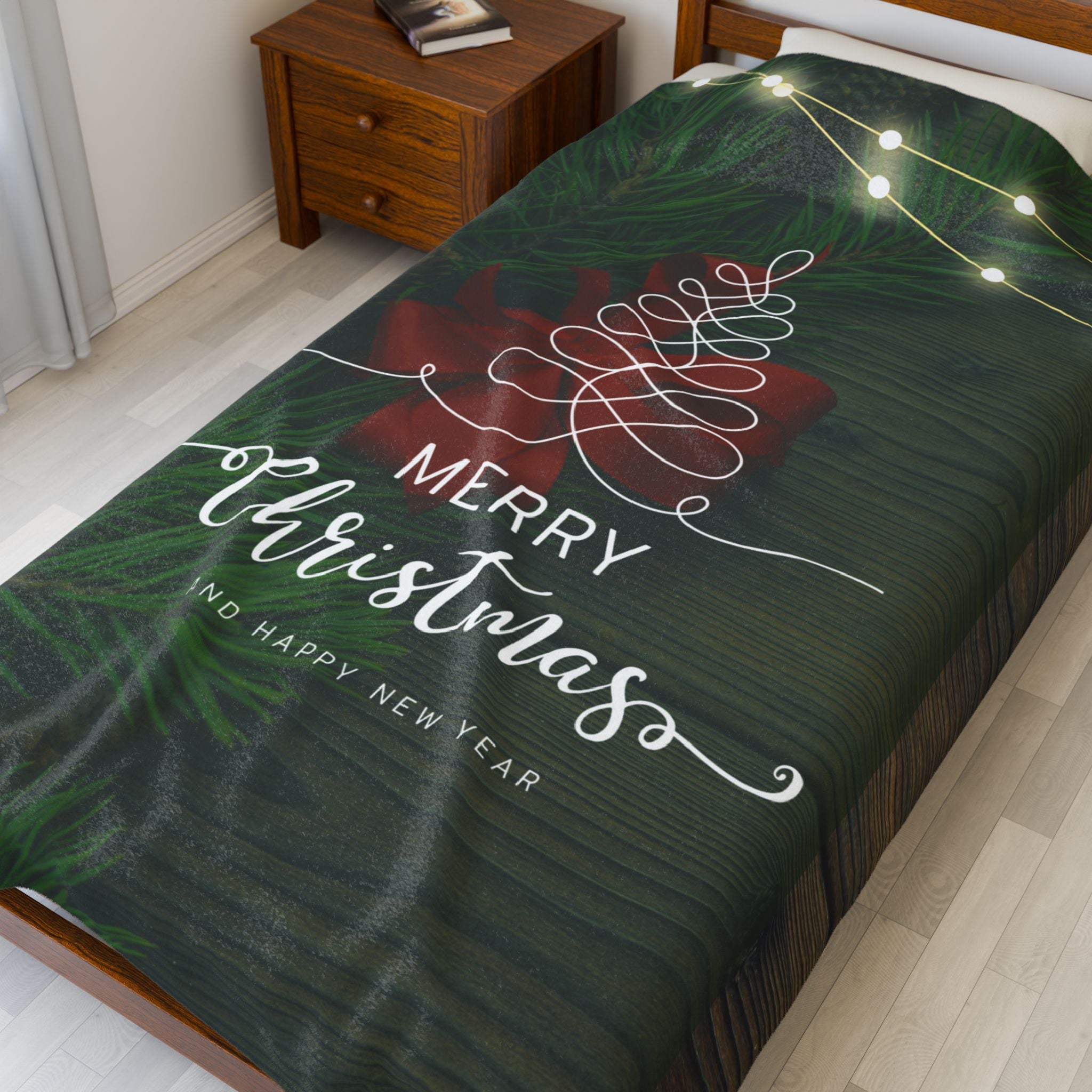 Merry Christmas with Tree Printed Velveteen Plush Blanket