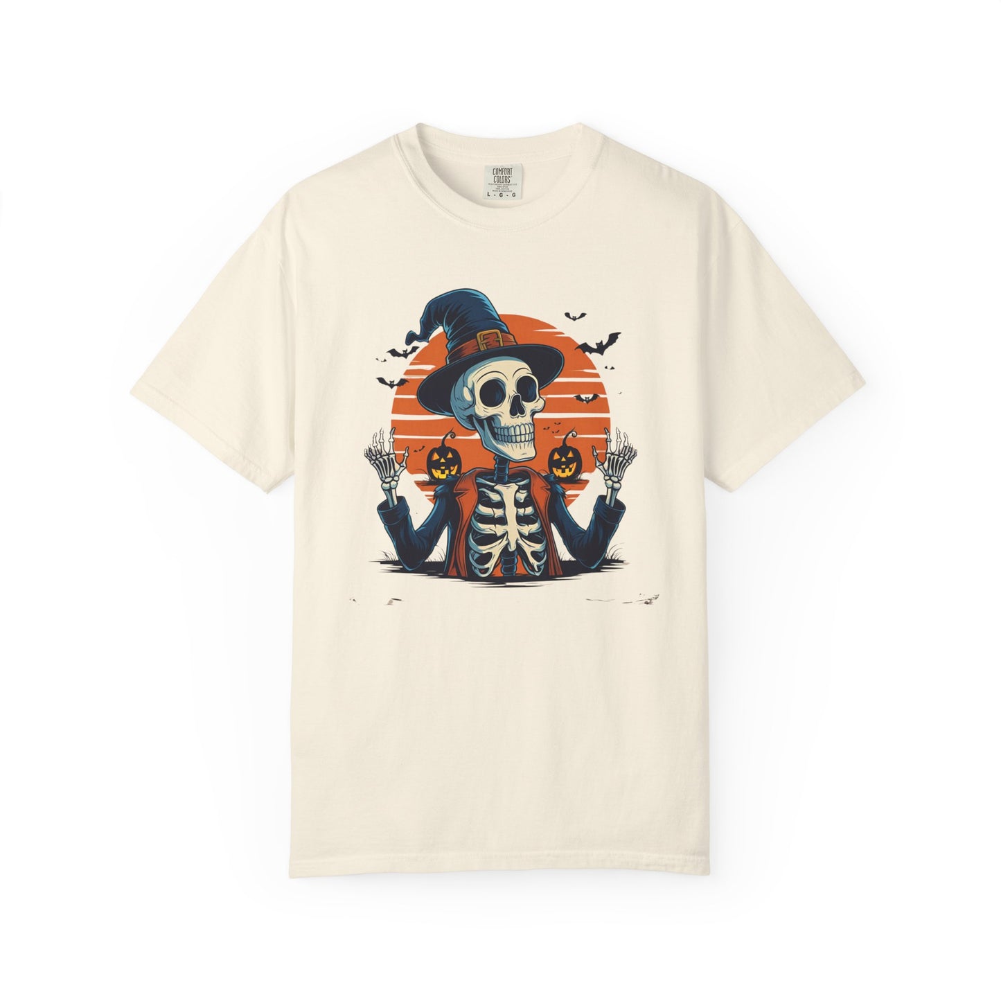 Skeleton Witch Halloween T-shirt for Adults & Teens, Funny Spooky Sunset Graphic Tee, Unisex Garment-Dyed Top, Pumpkin Hat Shirt, Halloween