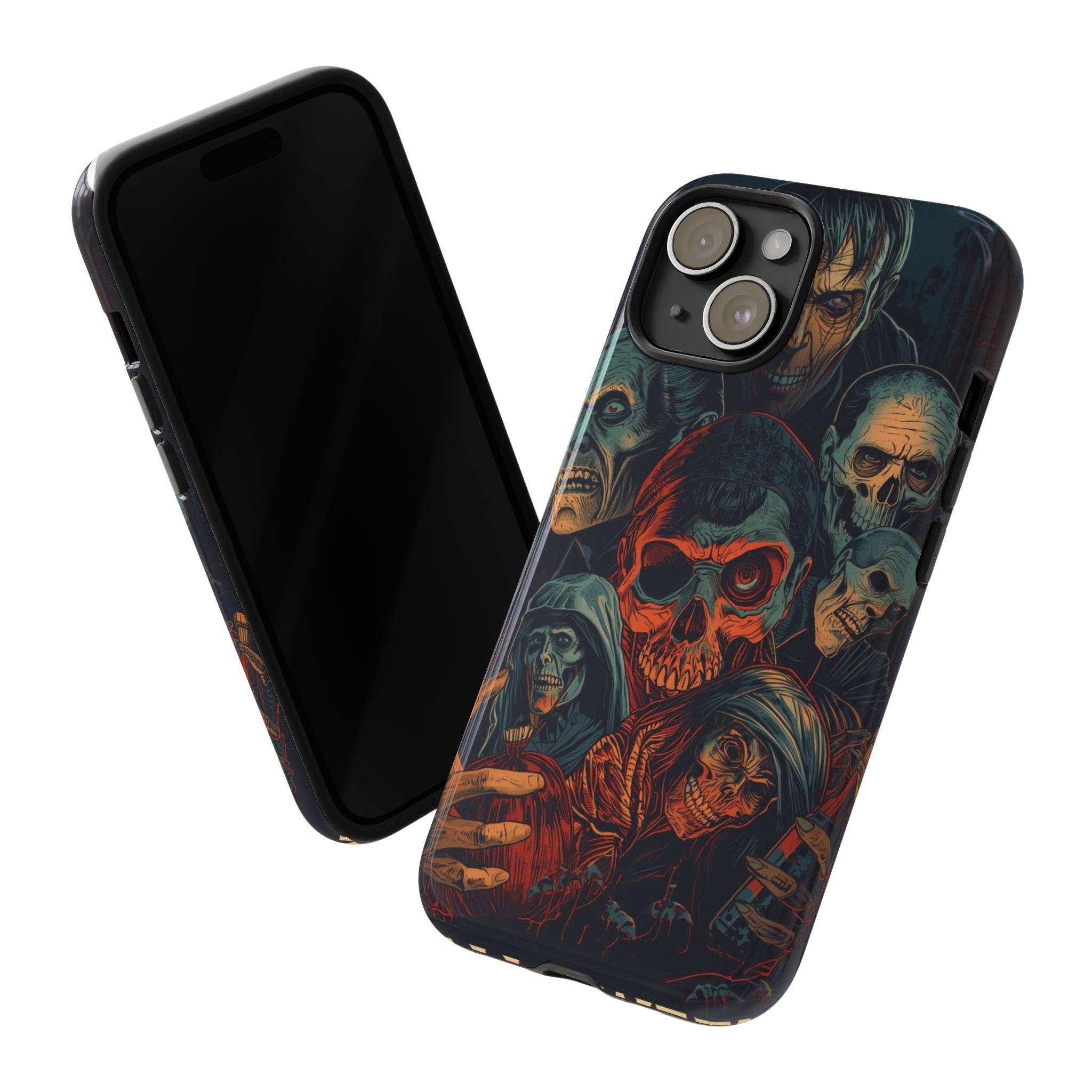 Halloween Phone Case with Skulls and Spooky Faces Design