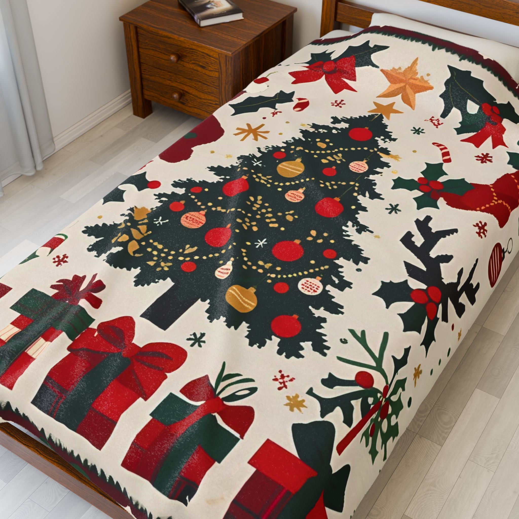 Christmas Tree Velveteen Plush Blanket – Holiday Stockings, Gifts & Holly Print Throw