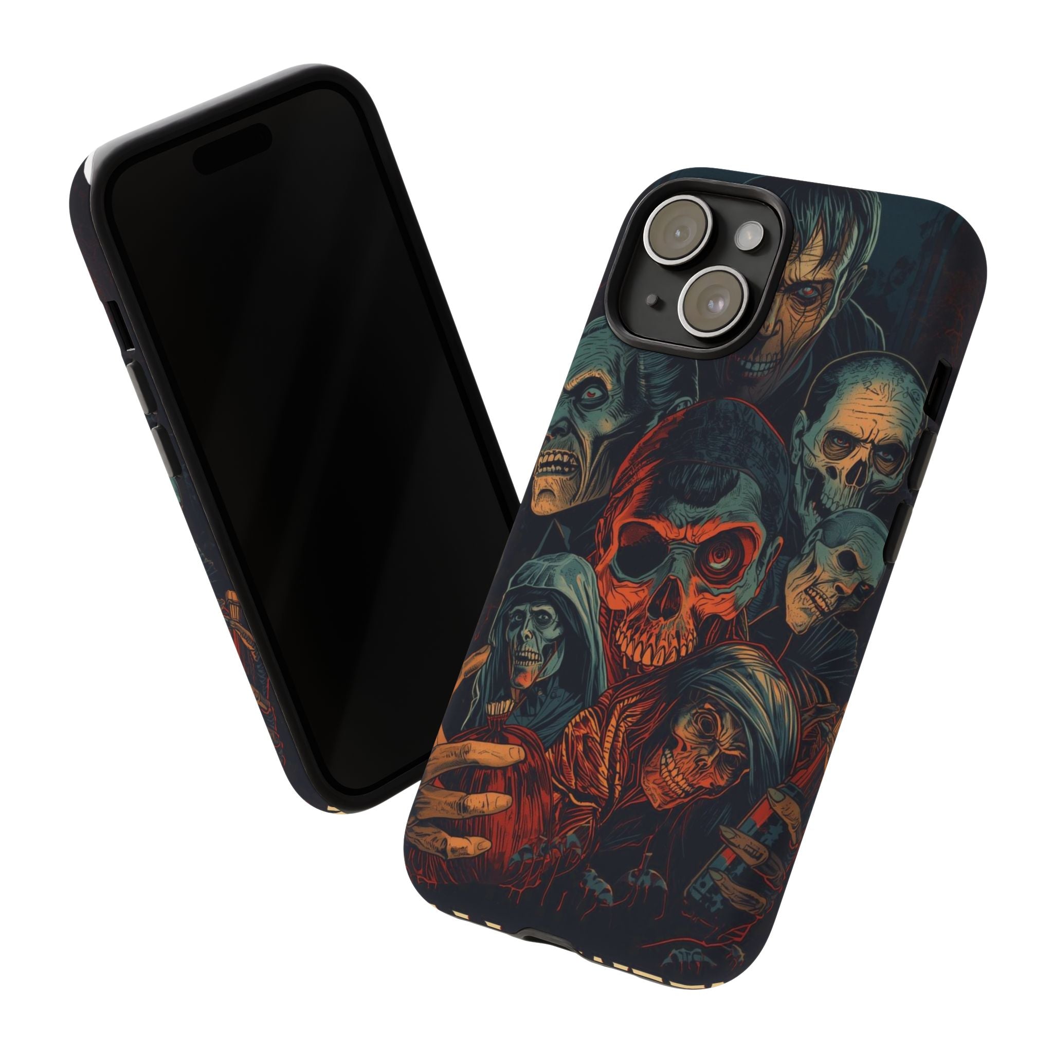 Halloween Phone Case with Skulls and Spooky Faces Design