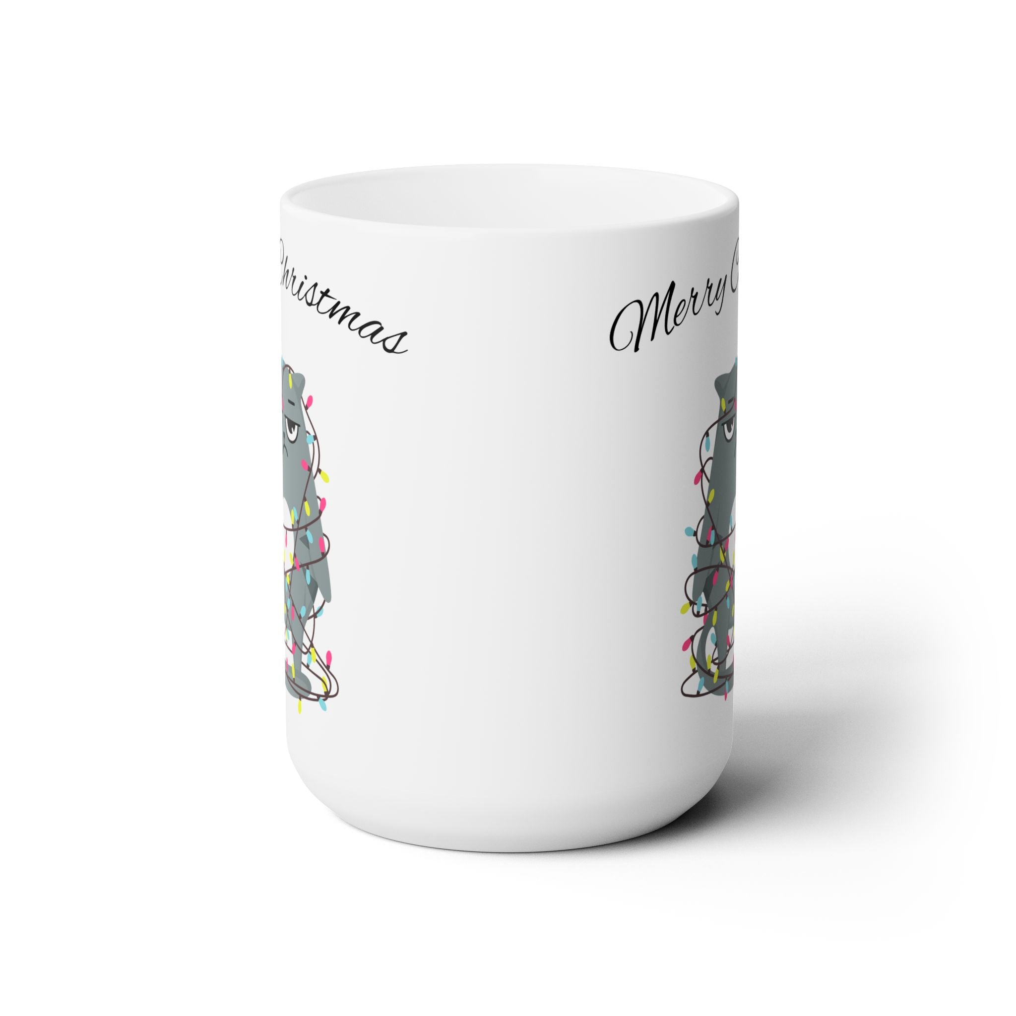 Ceramic Mug – Gray Cat Wrapped in Christmas Lights with “Merry Christmas” Text – Gift for Cat Lovers & Holiday Sippers
