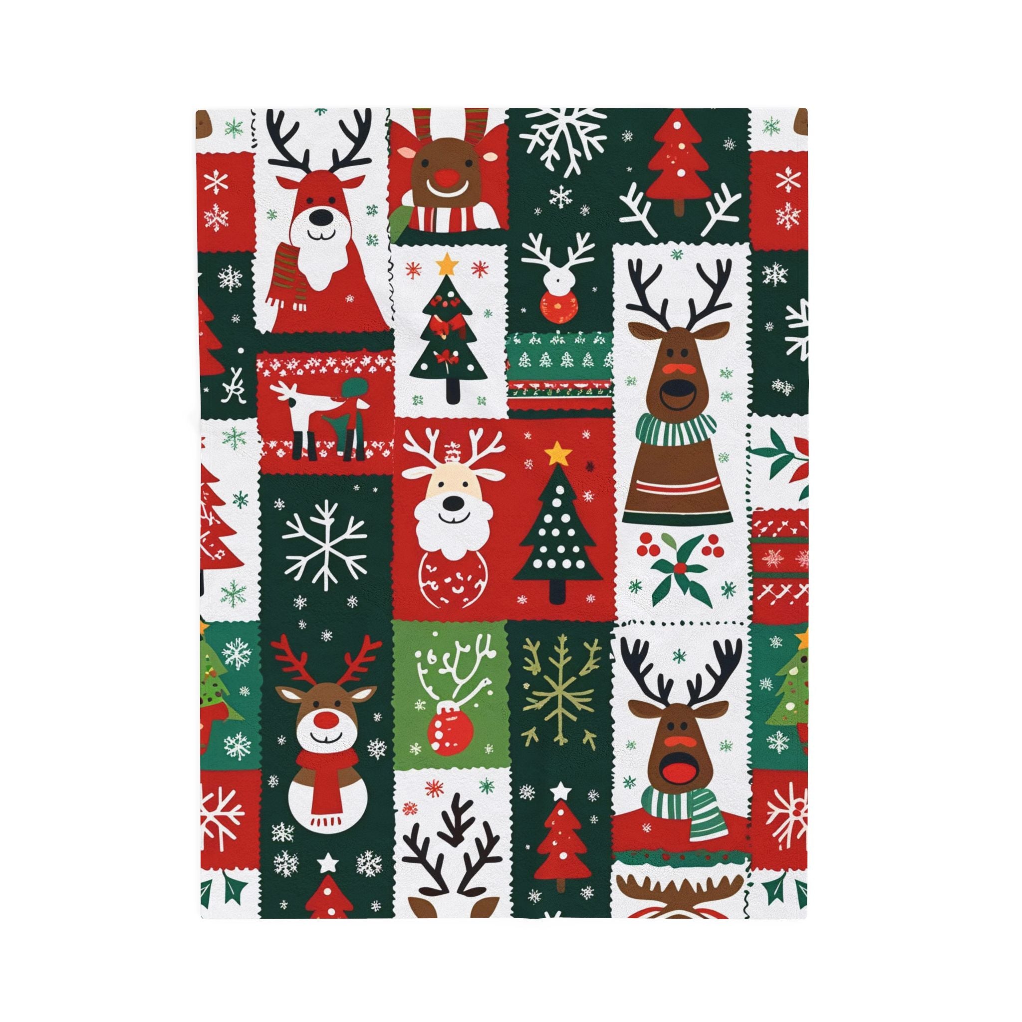 Patchwork Christmas Velveteen Plush Blanket – Reindeer, Trees & Snowflake Holiday Print