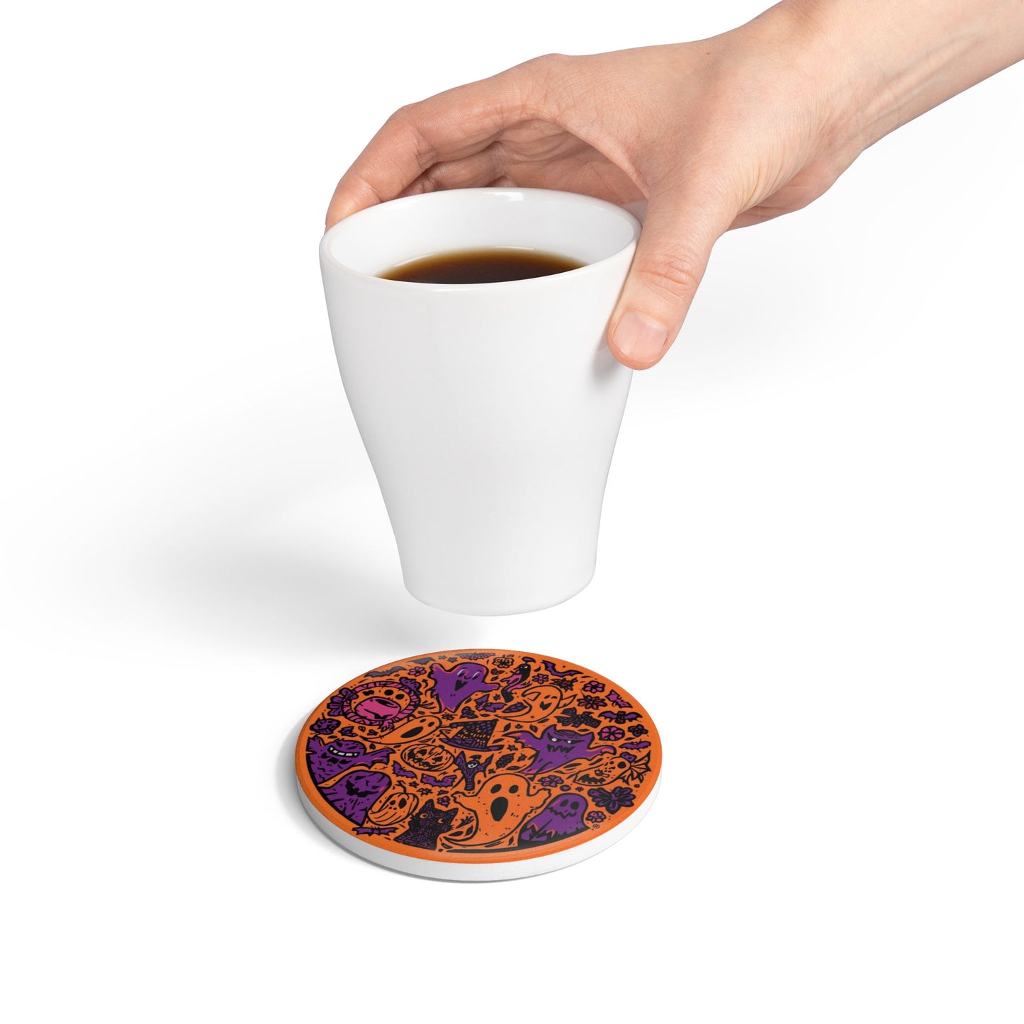 Halloween Ceramic Coaster with Pumpkins, Ghosts, Bats, and Whimsical Flowers