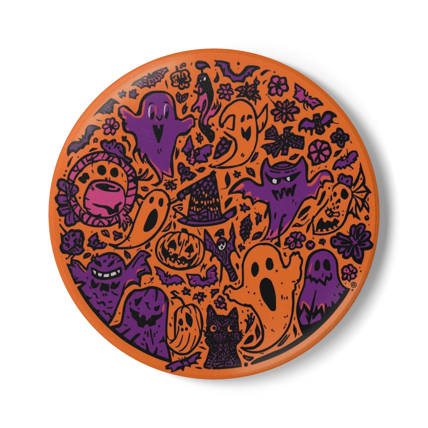 Halloween Ceramic Coaster with Pumpkins, Ghosts, Bats, and Whimsical Flowers