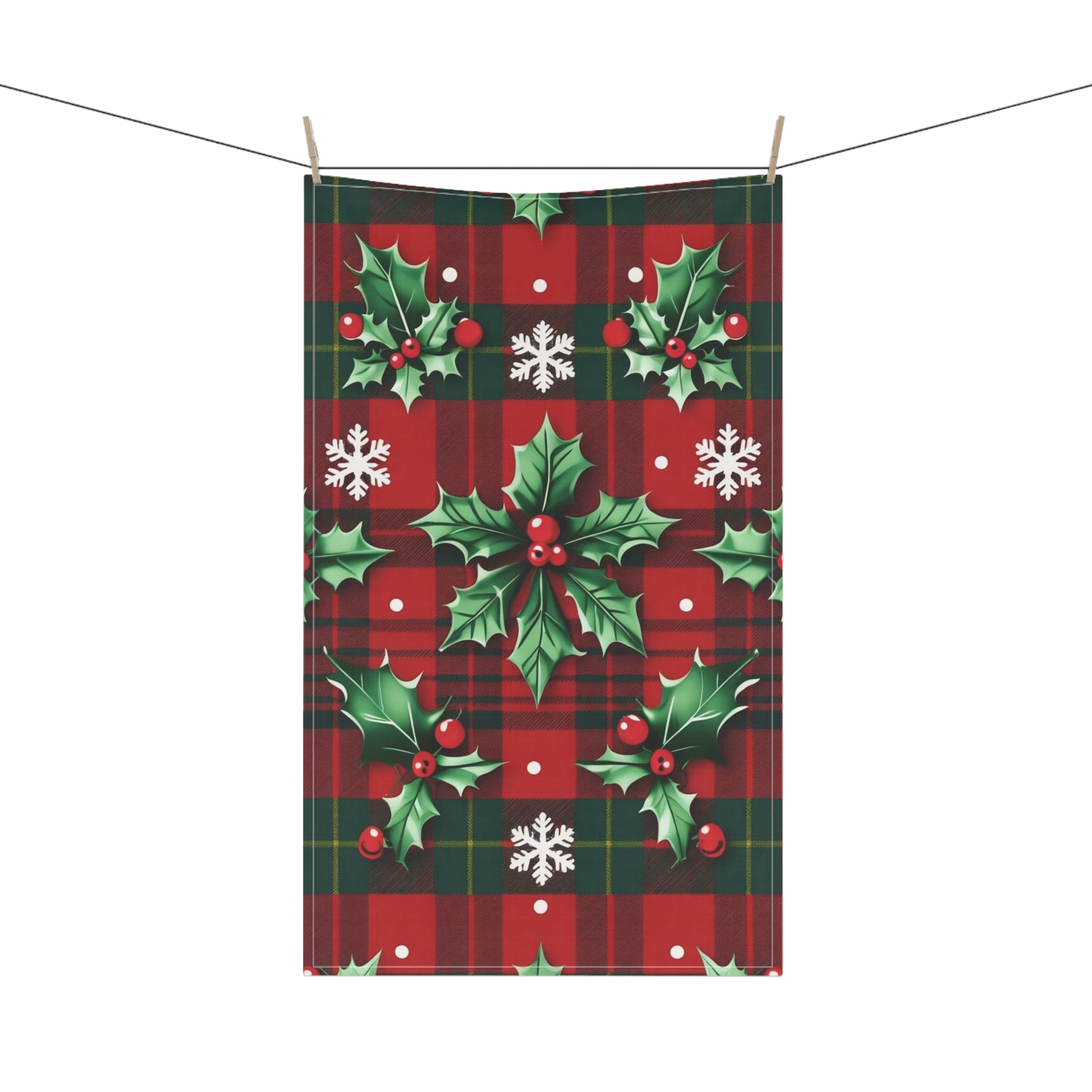 Festive Christmas Tea Towel with Red Plaid and Holly Design