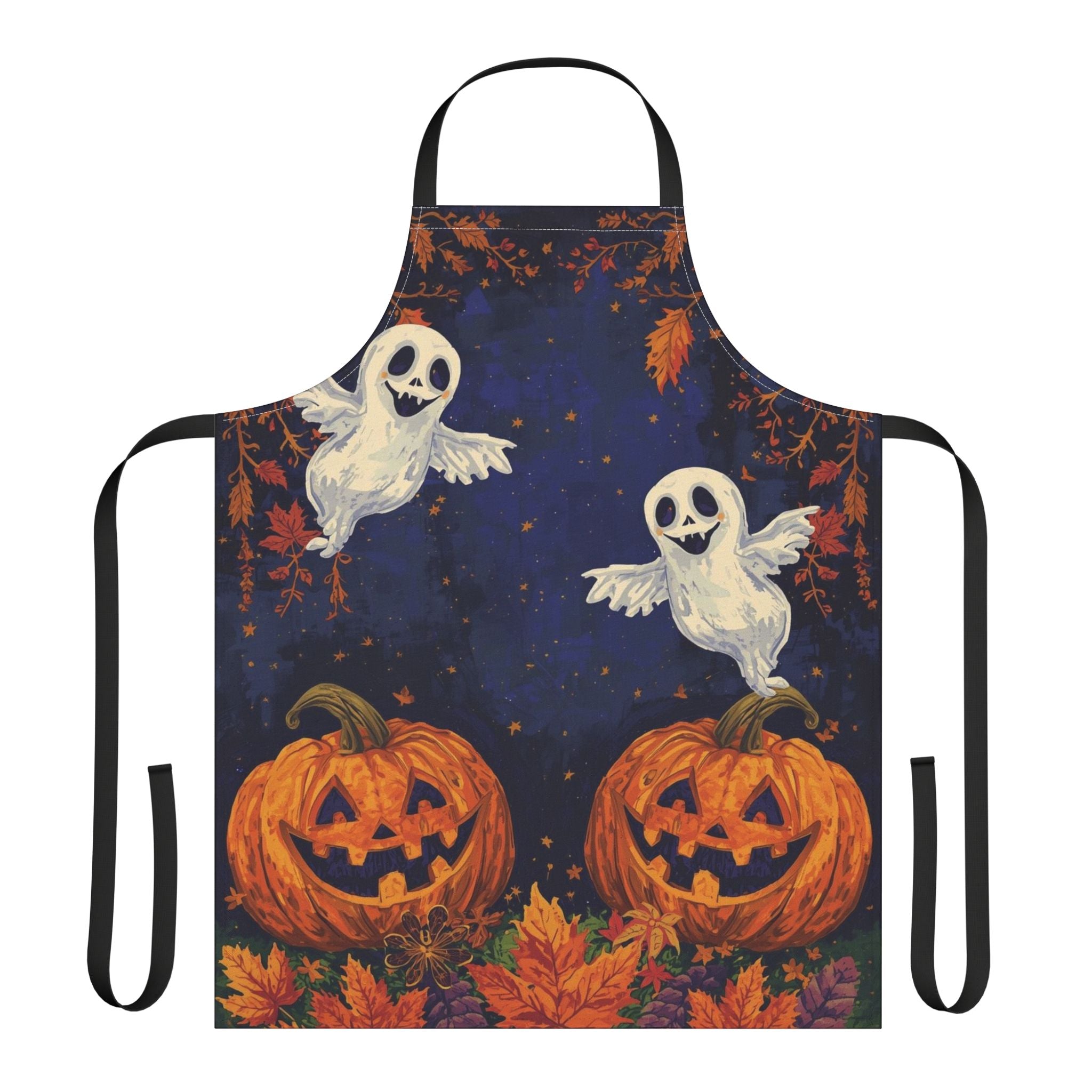 Halloween Ghosts & Pumpkin Apron – Dark Blue Sky with Autumn Leaves