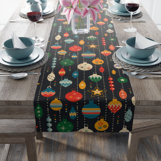 Christmas Table Runner, Colorful Ornament Pattern, Festive Baubles and Stars Design, Dark Background Holiday Dining Decor