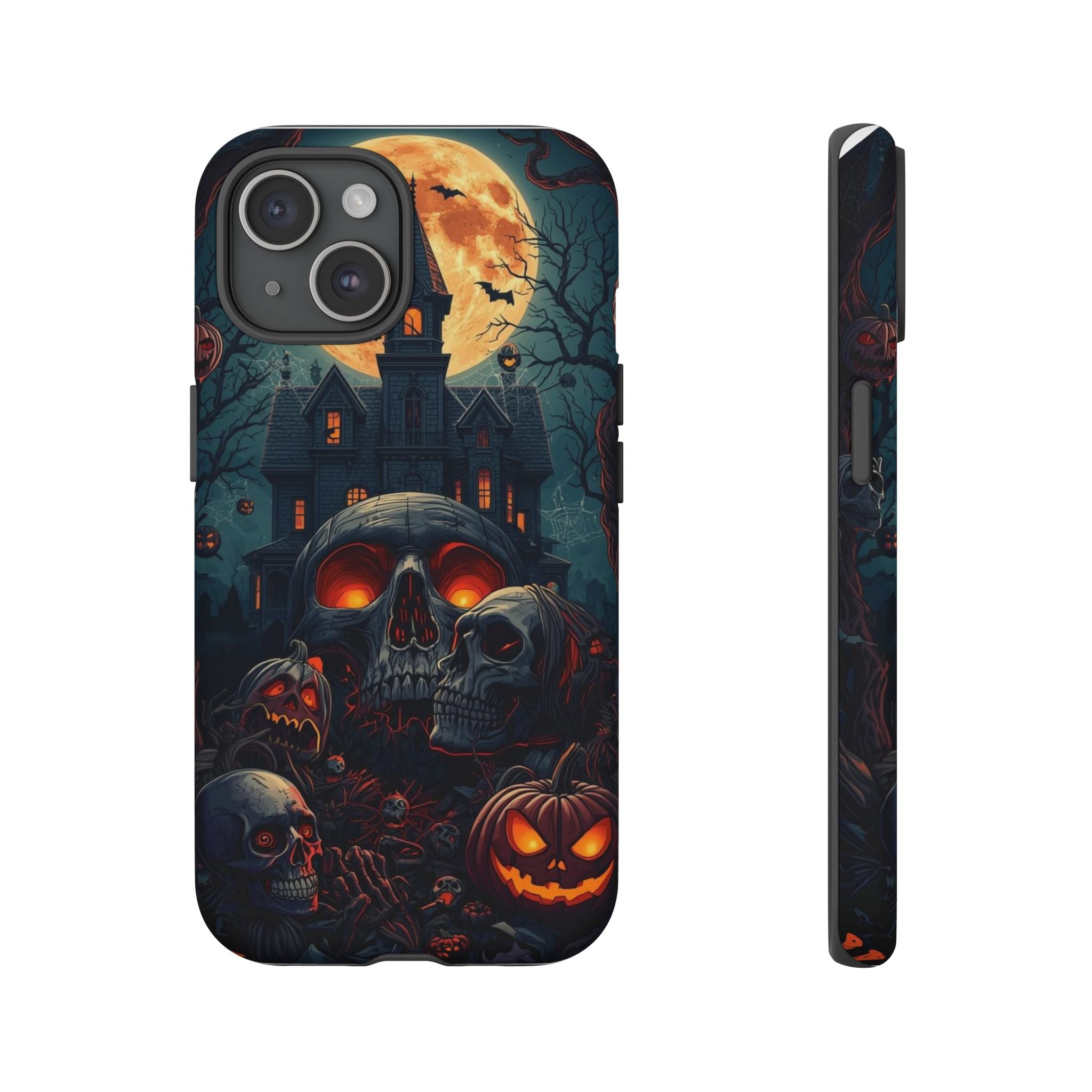 Spooky Halloween Phone Case with Skulls, Pumpkins, and Haunted Mansion