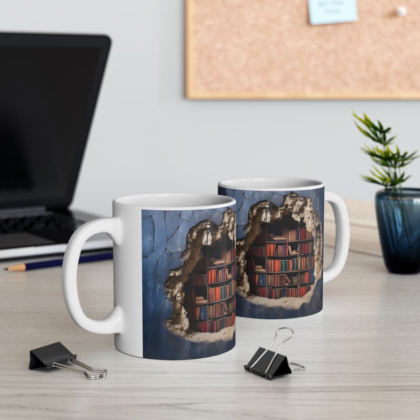 Mug - 3D Bookshelf Illusion - Unique Library Wall Break Design