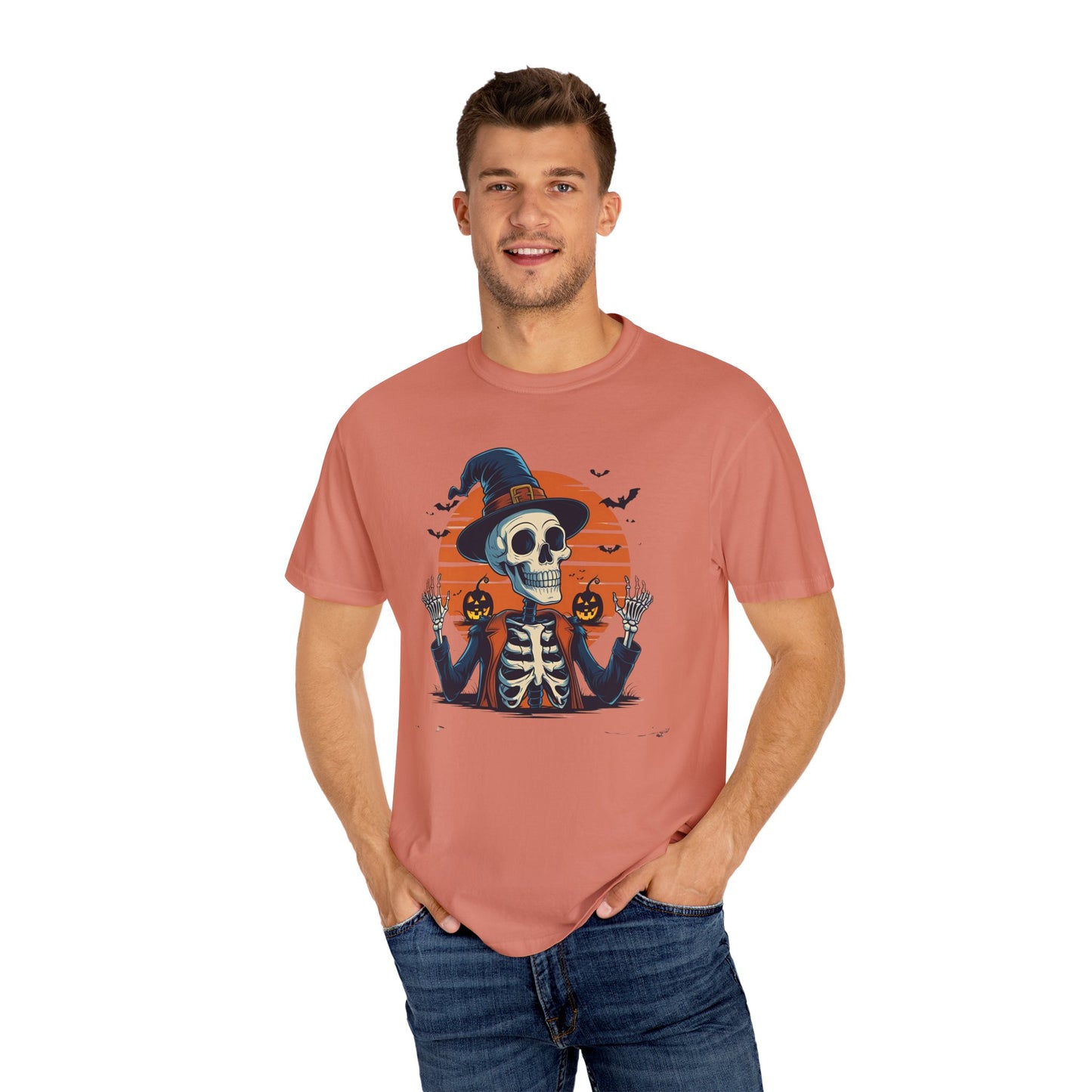 Skeleton Witch Halloween T-shirt for Adults & Teens, Funny Spooky Sunset Graphic Tee, Unisex Garment-Dyed Top, Pumpkin Hat Shirt, Halloween