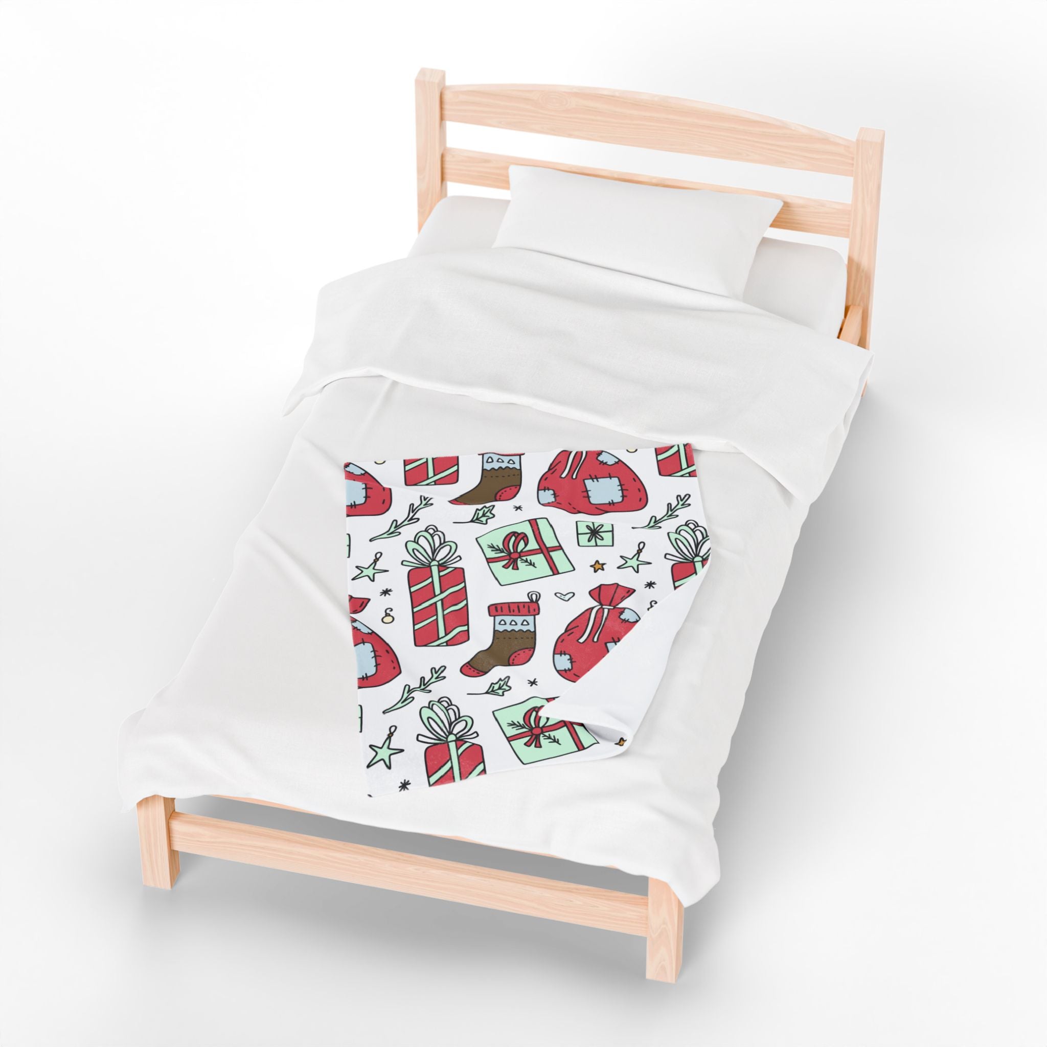 Gift Bag & Candy Cane Velveteen Plush Blanket – Festive Christmas Present Pattern
